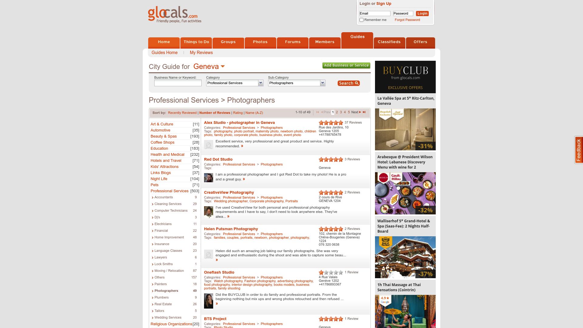 Un aperçu de la page des photographes sur Glocals.com, avec une liste de profils et leurs notes à Genève.