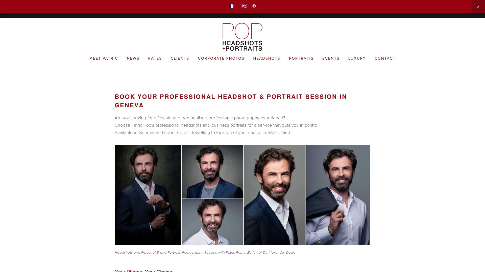 Capture d'écran de la page de tarification pour un shooting de portrait professionnel, montrant clairement les différents forfaits et ce qu'ils incluent.