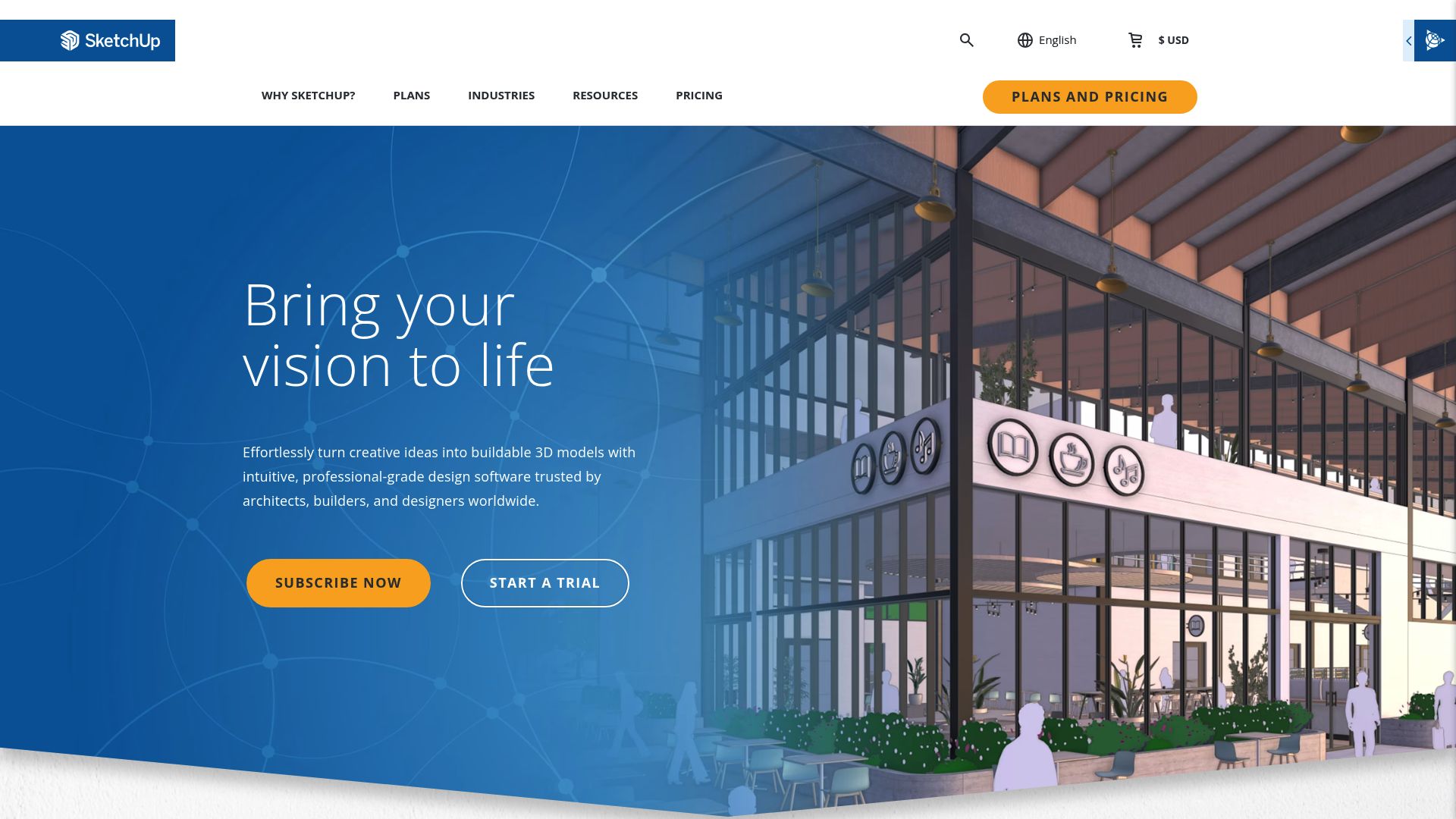 Capture d'écran de la page d'accueil du site web de SketchUp, montrant l'interface du logiciel de modélisation 3D.
