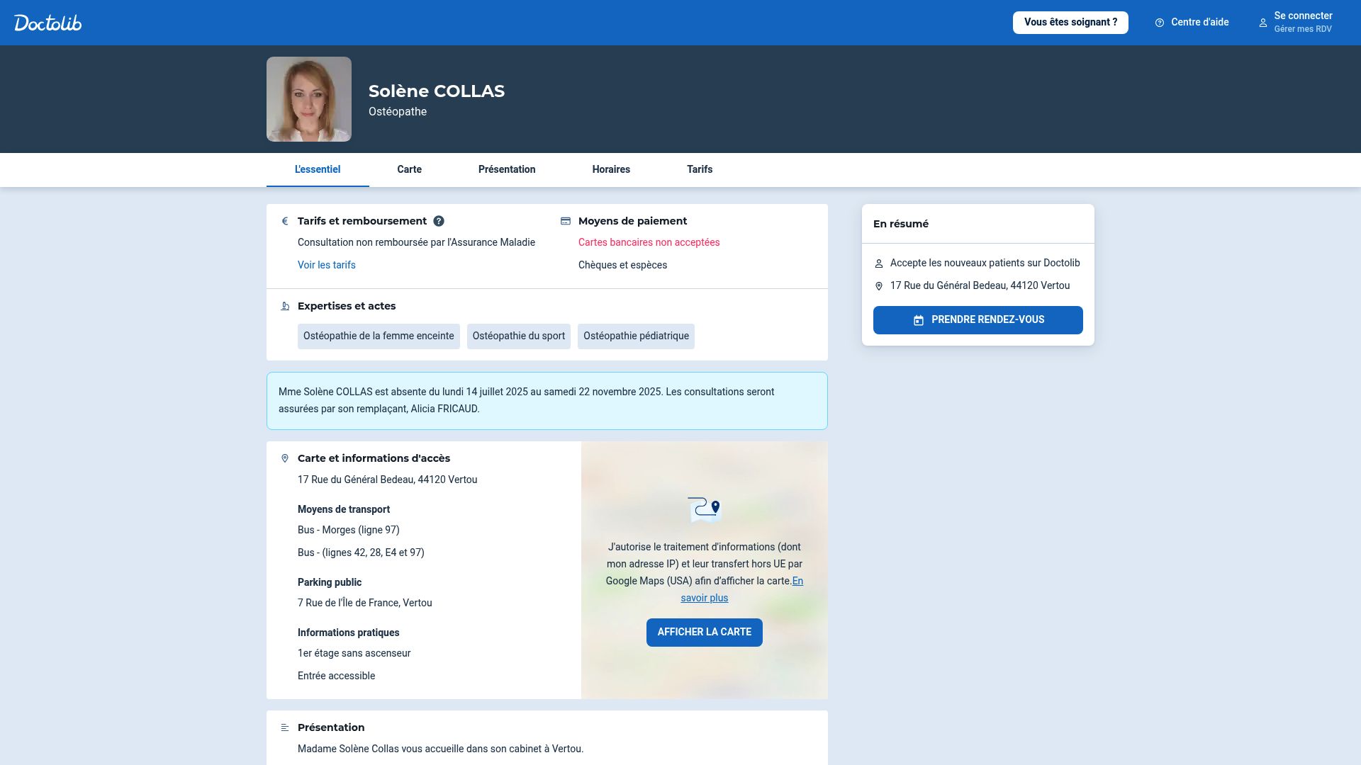 Une capture d'écran de la partie supérieure de la page Doctolib de Solène Collas, montrant sa photo, son nom, et le bouton pour prendre rendez-vous.