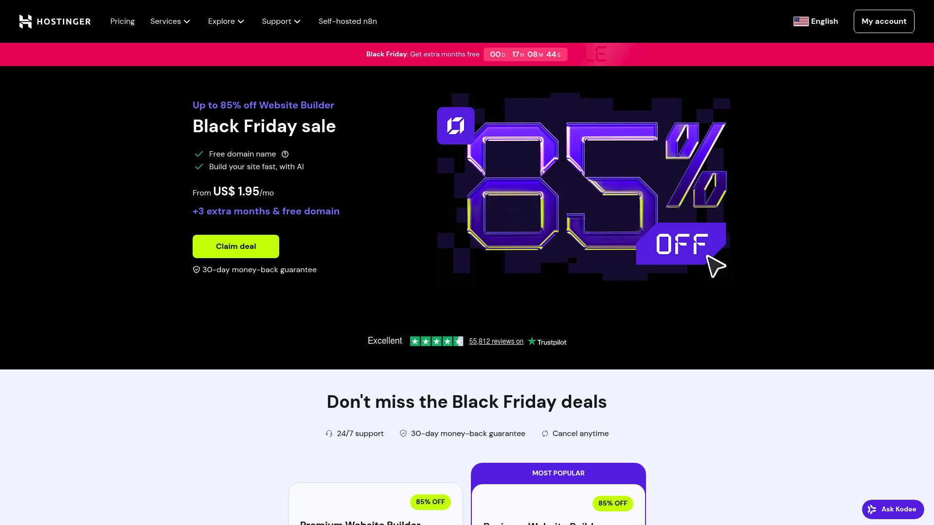 The Hostinger AI Website Builder page, showing off how easy it is to use and all the tools it comes with.