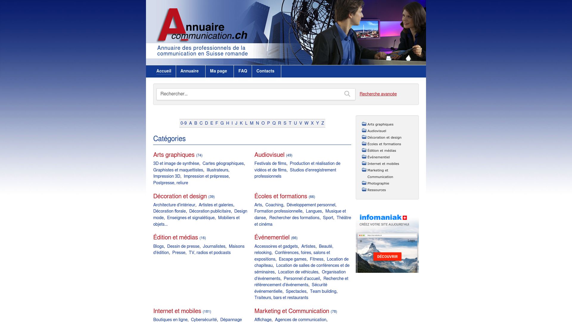 Capture d'écran de la page d'accueil du site Annuaire Communication CH, montrant son interface de répertoire pour les agences de communication suisses.