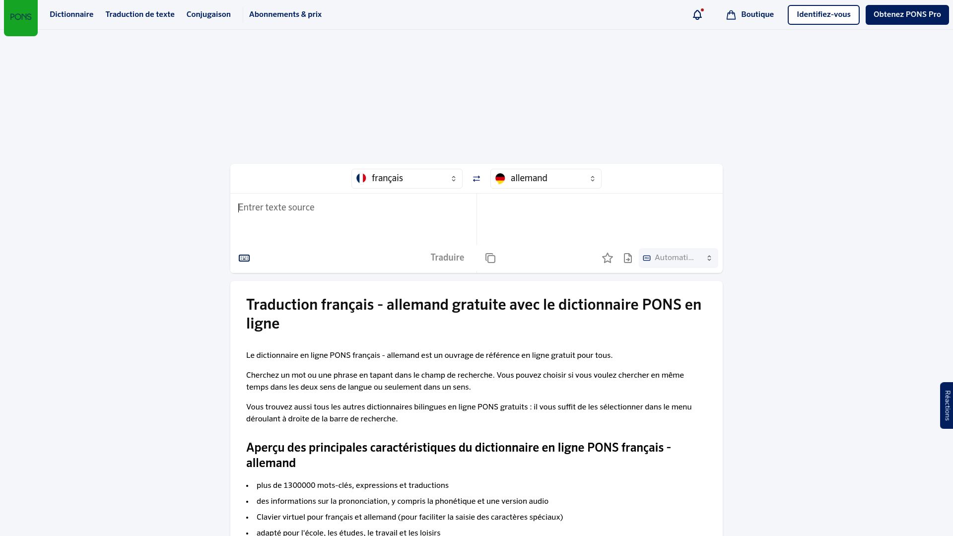 La page d'accueil du dictionnaire PONS, avec sa barre de recherche français-allemand bien visible et son design épuré.