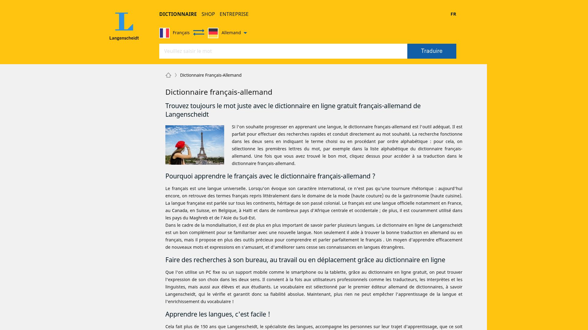 Un aperçu du site Langenscheidt, où l'on voit bien le champ de recherche pour traduire du français à l'allemand.