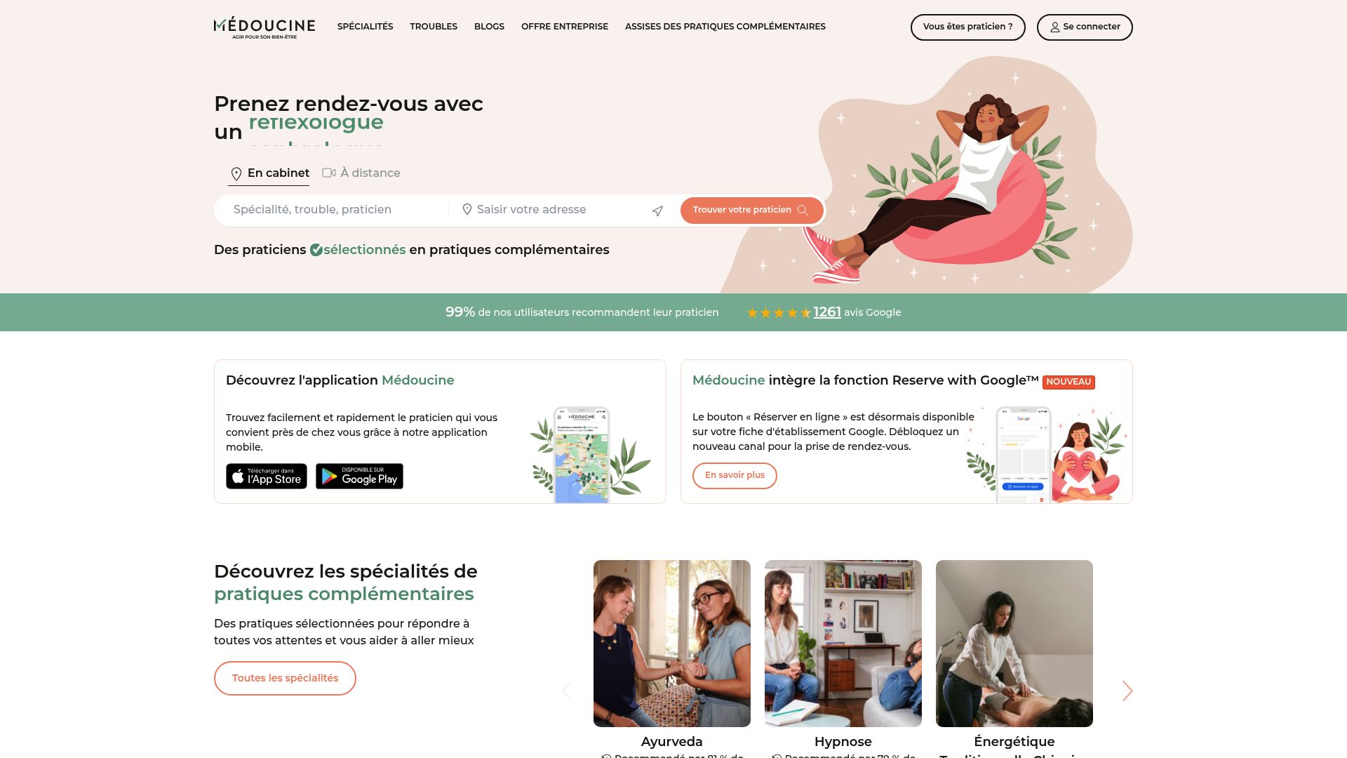 Capture d'écran de l'interface de Médoucine, mettant en avant la validation des praticiens et les avis clients.