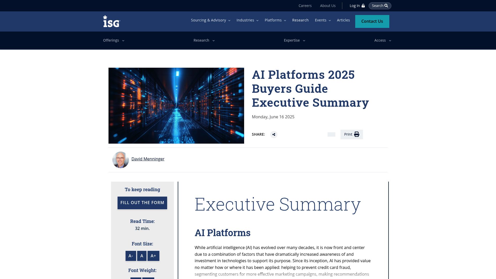 A sleek, modern interface of the ISG Provider Lens website, showing the title 'ISG Provider Lens™, Generative AI Platforms 2025'.