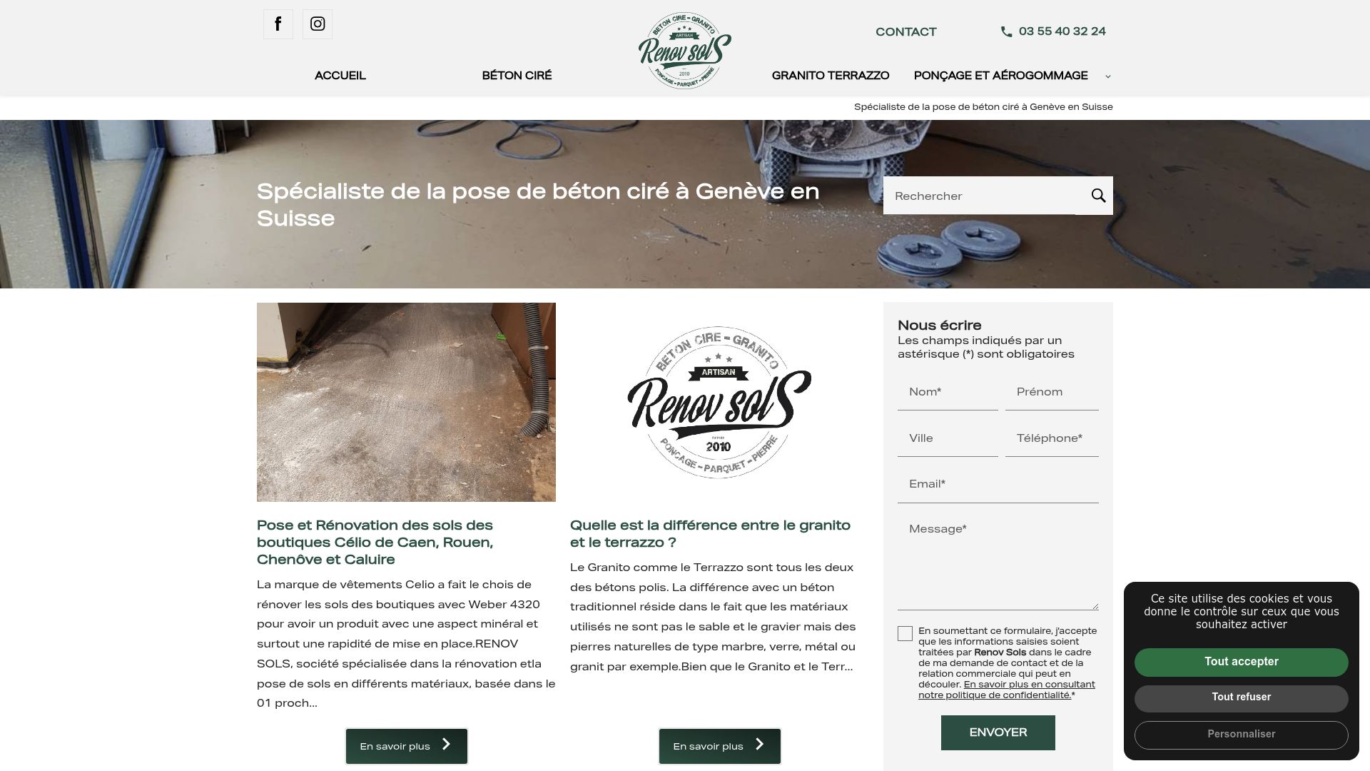 Capture d'écran de la page d'accueil du site Renov Sols, montrant leur section dédiée au béton ciré à Genève.
