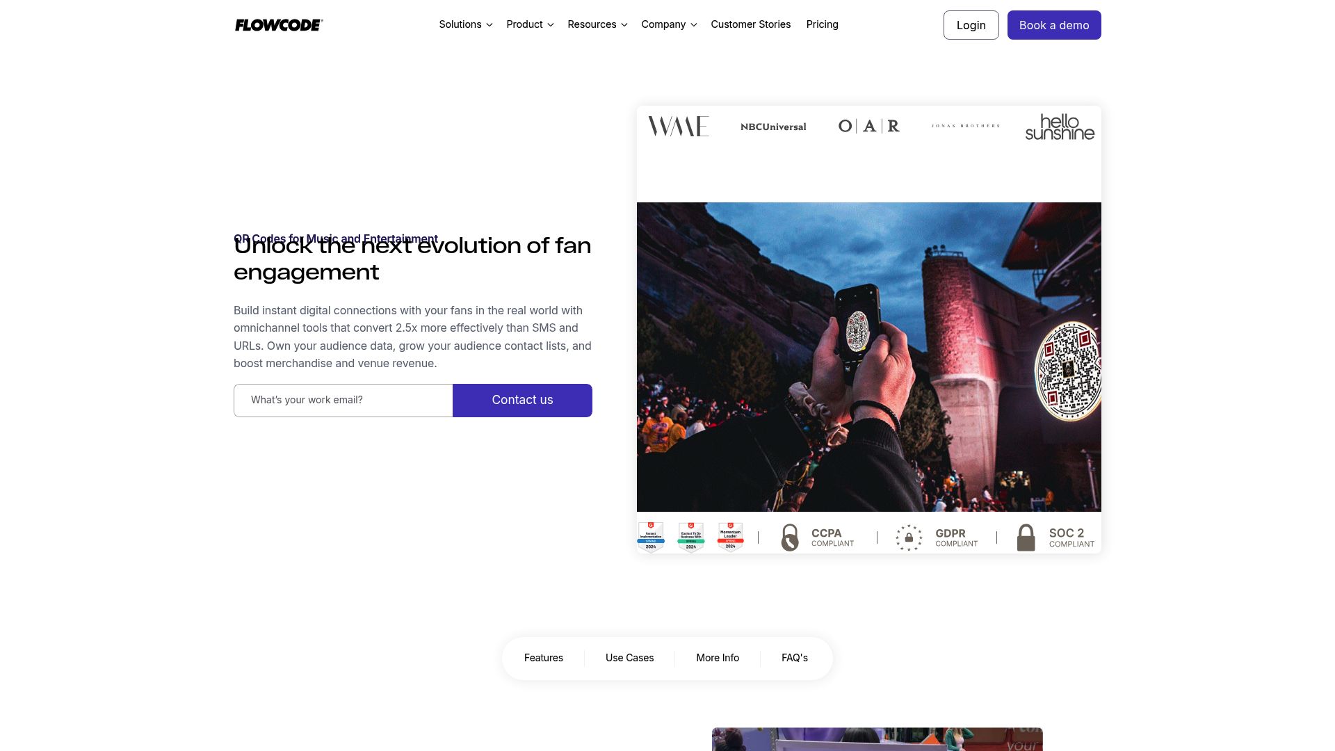 A screenshot from the Flowcode website's homepage, showing their QR code customization options and a sample 'Flowpage' for a musician.