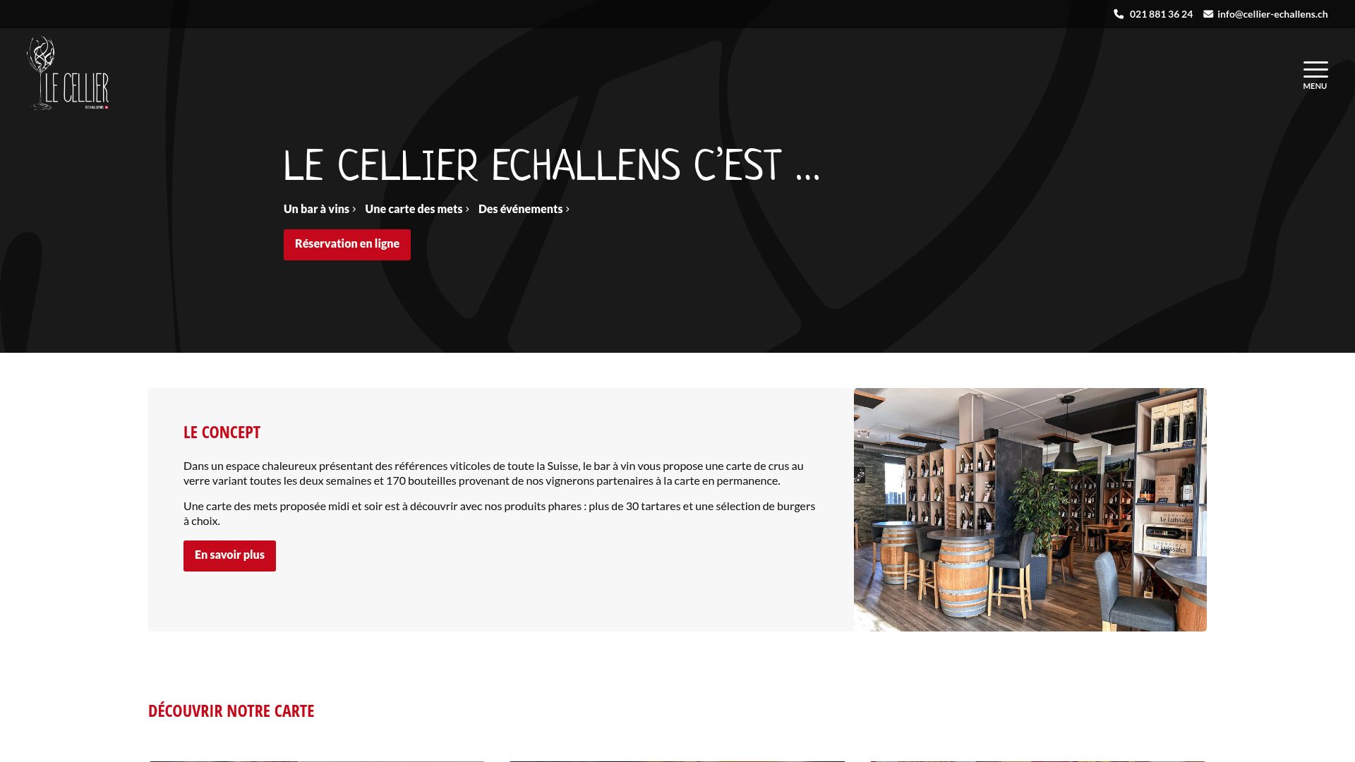 Un aperçu de la page d'accueil du site du Cellier à Echallens, qui donne une bonne idée de l'ambiance bar à vin moderne et de la collection de bouteilles.