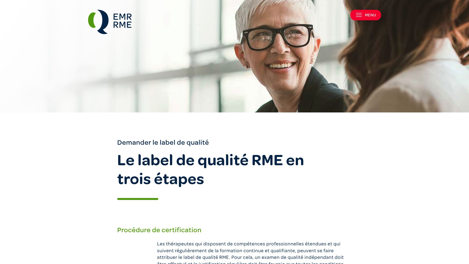 Capture d'écran de l'en-tête du site web du RME (Registre de Médecine Empirique) montrant le logo et le menu de navigation.