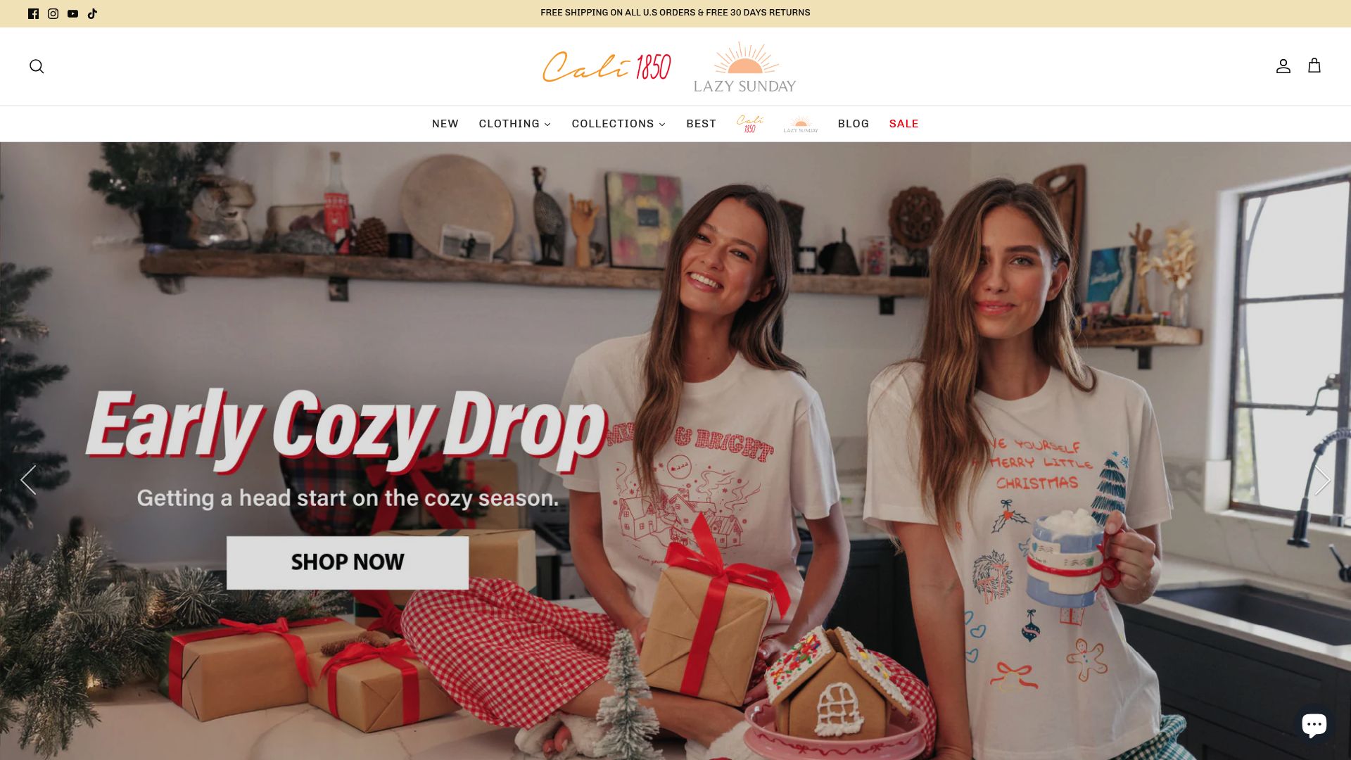 Capture d'écran de la page d'accueil du site web Cali1850 présentant une sélection de vêtements pour femmes dans des tons neutres.