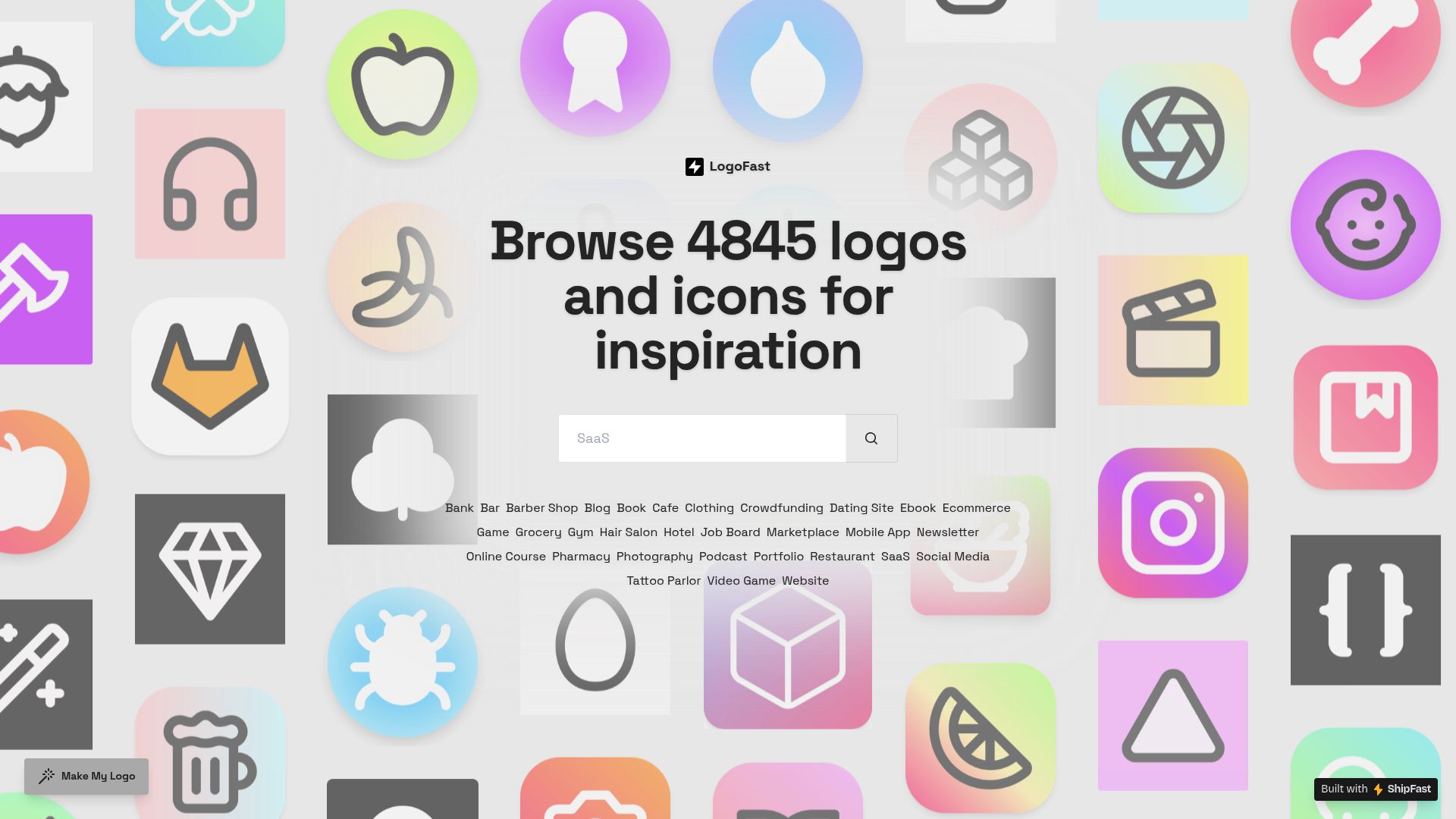 Capture d'écran de l'interface du site web Shipfa.st Logo Idea, montrant des suggestions de design de logos. Capture d'écran de l'interface du site web Shipfa.st Logo Idea, montrant des suggestions de design de logos.