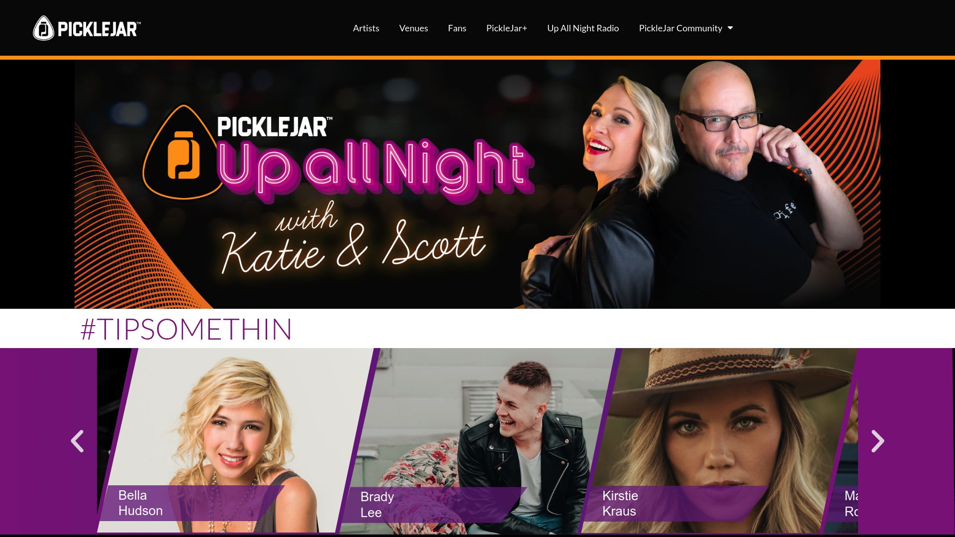 A peek at the PickleJar website, showing artists in action and highlighting the fan engagement and virtual tipping features.