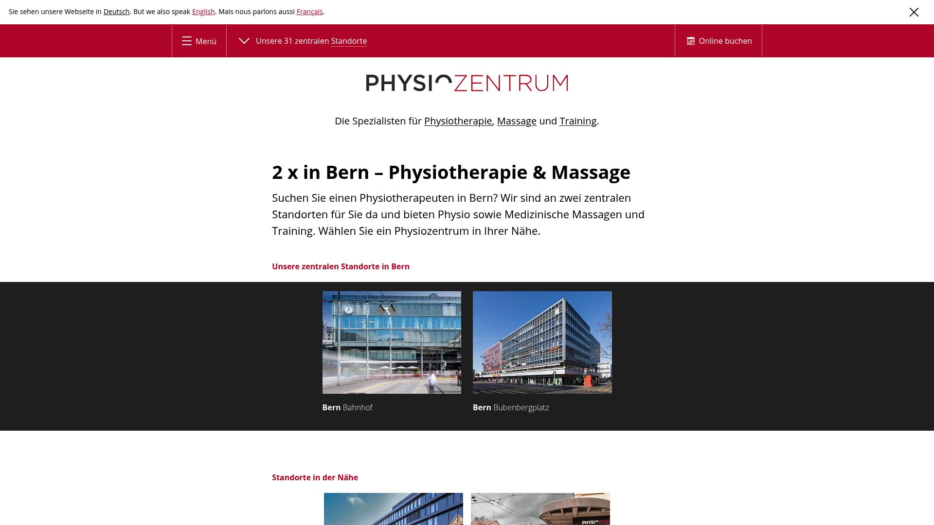 Ici, on voit une capture d'écran du site du Physiozentrum Bern. Ça donne une idée de leur image pro et des services qu'ils proposent.