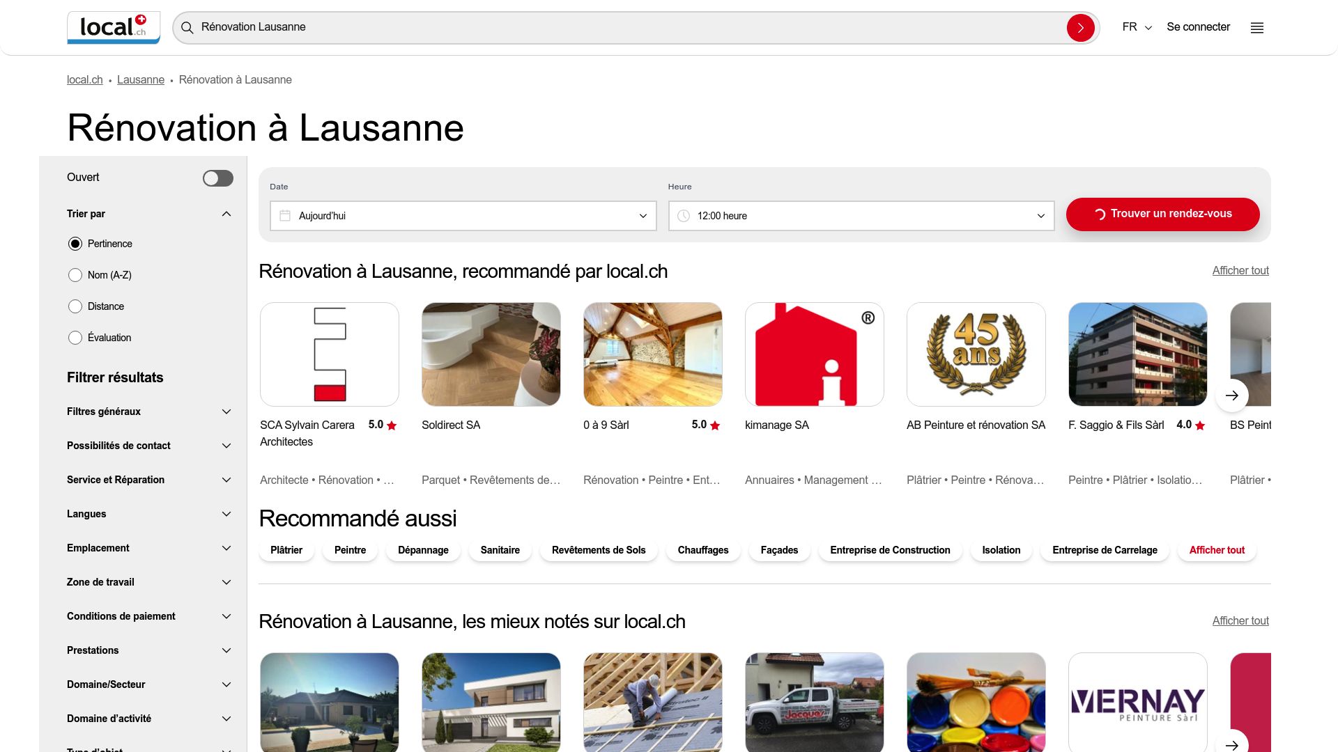 Capture d'écran de la page de résultats du site local.ch pour une recherche sur 'entreprise de rénovation Lausanne', montrant une liste d'entreprises avec leurs notes et avis.