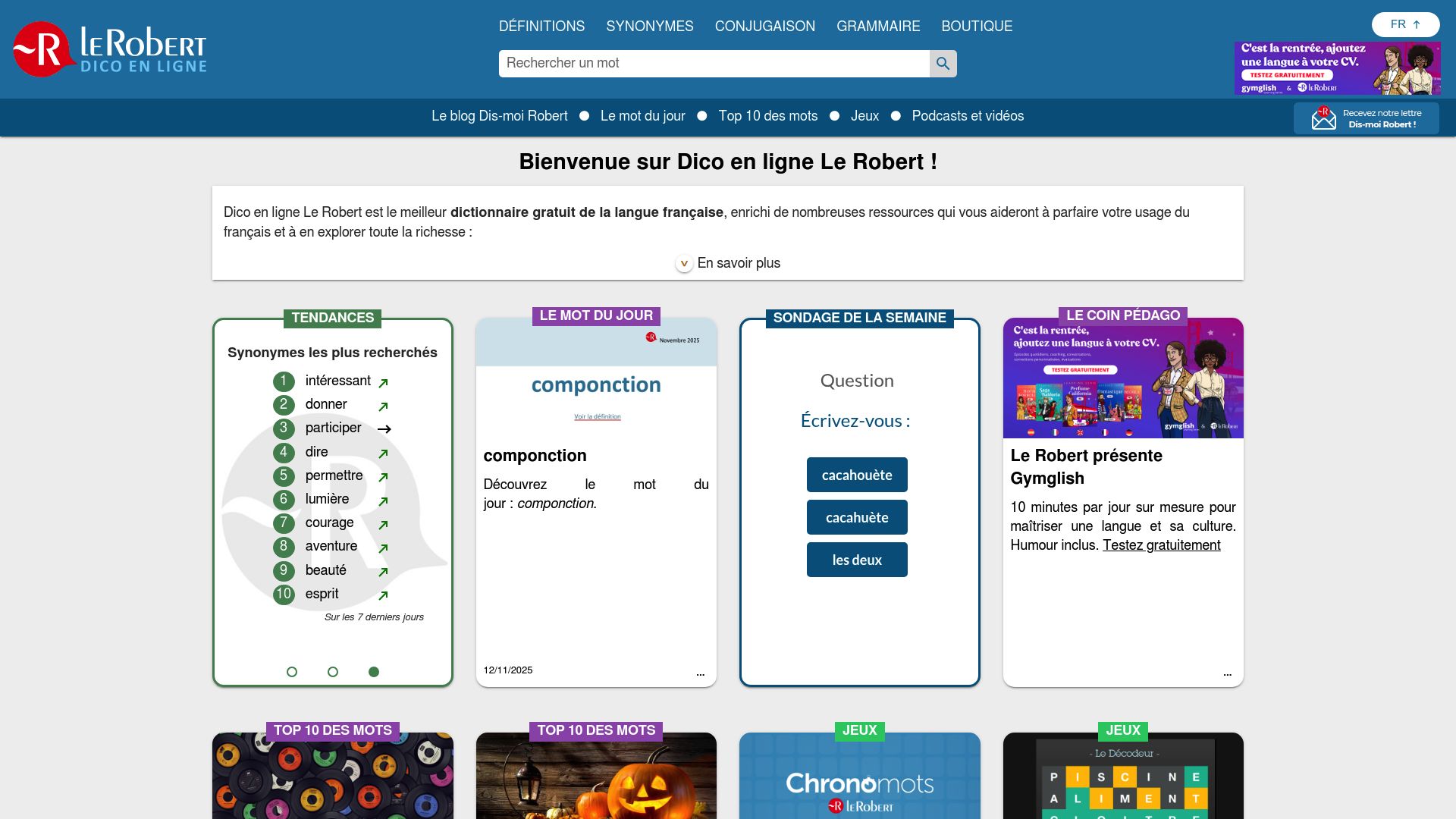 Capture d'écran de la page d'accueil du dictionnaire en ligne Le Robert, montrant la barre de recherche et un mot du jour.