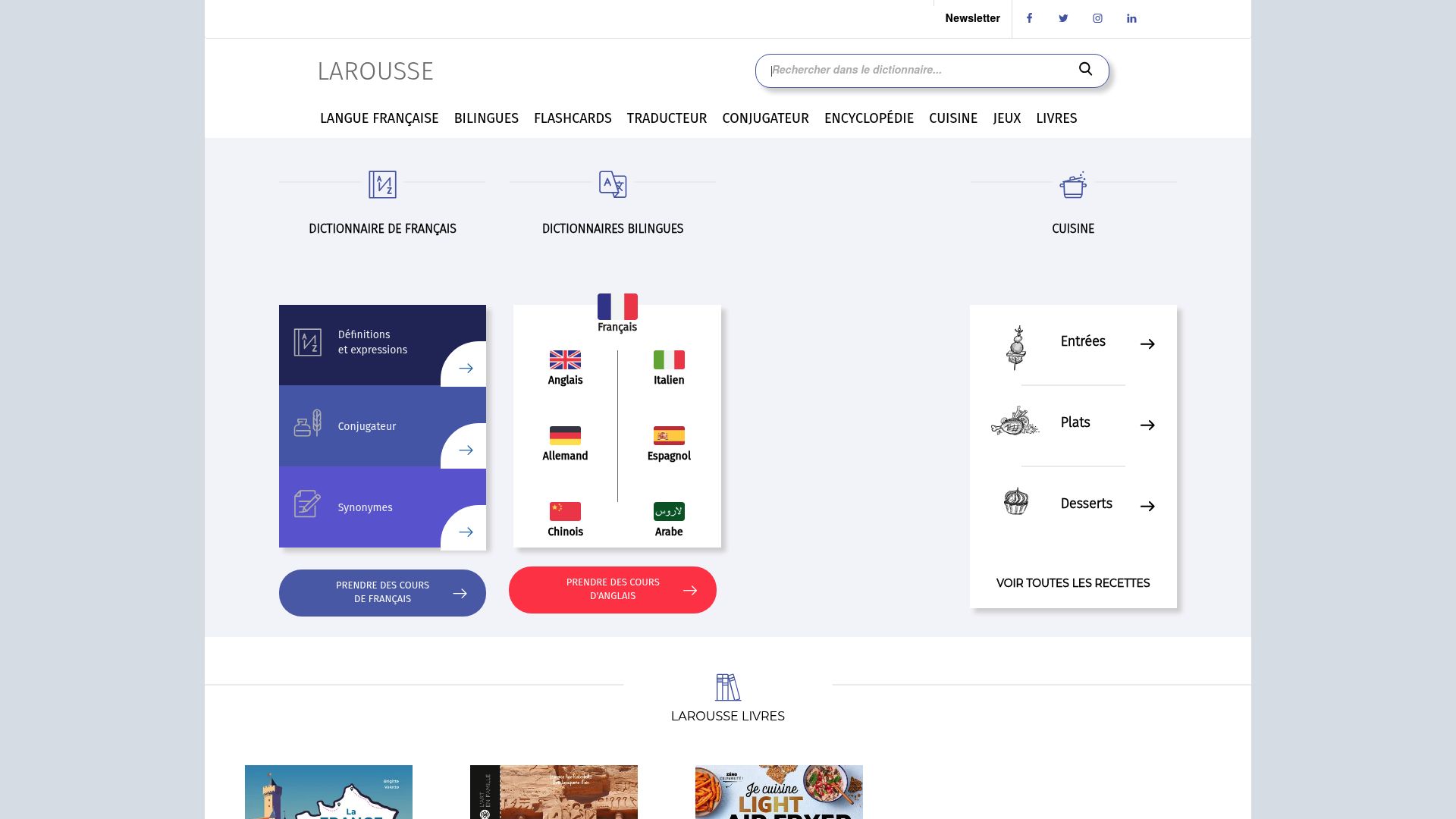 Capture d'écran de la page d'accueil du dictionnaire Larousse en ligne, mettant en avant sa barre de recherche simple et son design coloré.