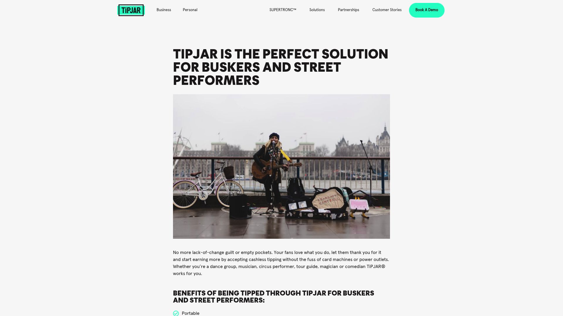 A screenshot of the TiPJAR website's page for buskers and street performers, showing their branding and key messaging.