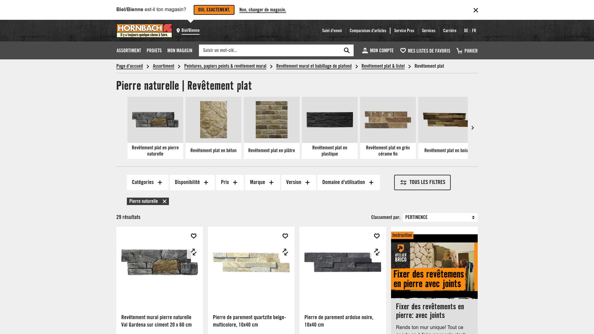 Page produit du site Hornbach.ch montrant le parement mural en pierre naturelle Val Gardena avec son prix au mètre carré.