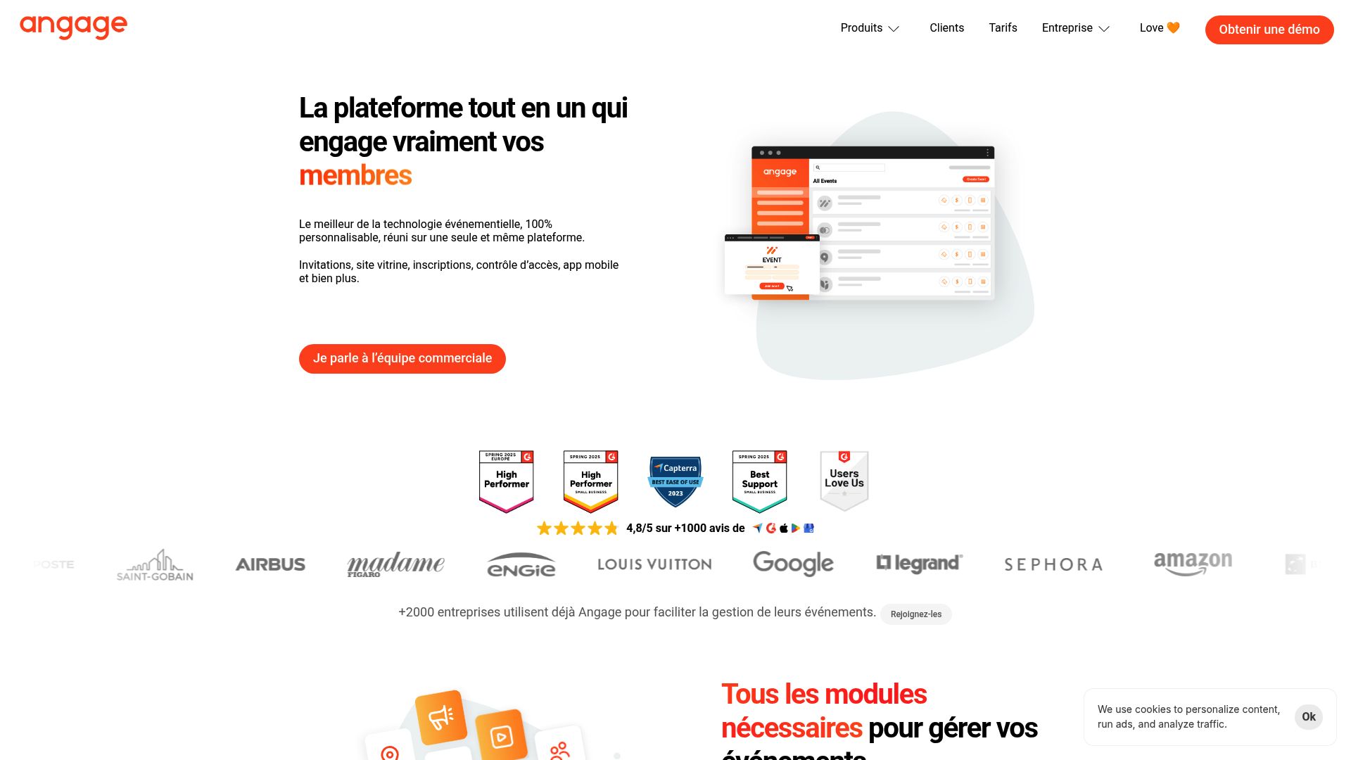 Capture d'écran de l'interface d'un logiciel de gestion d'événements, montrant un tableau de bord avec des statistiques sur les inscriptions, le planning des sessions et l'engagement des participants.