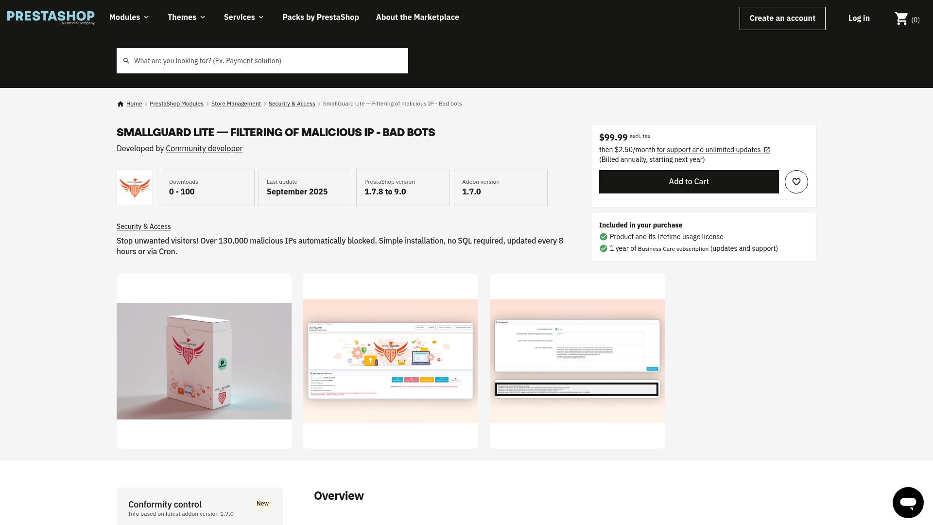 Un aperçu de la page de notre module SmallGuard Lite sur la place de marché officielle de PrestaShop Addons.