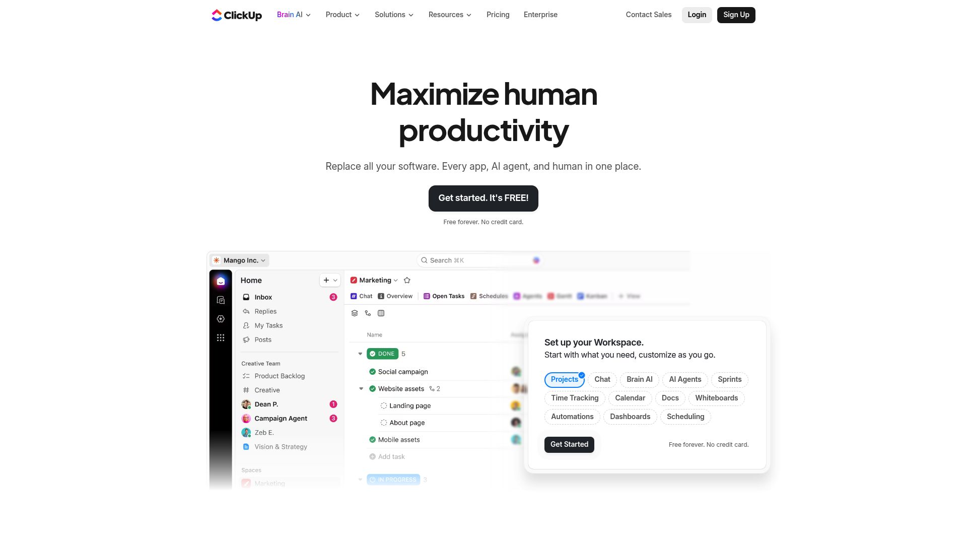 Capture d'écran de l'interface de ClickUp montrant un tableau de bord de projet avec des vues Gantt et Kanban.