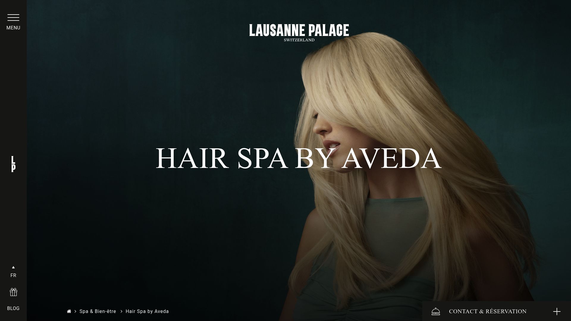 Capture d'écran de la page d'accueil du Hair Spa by AVEDA au Lausanne Palace, montrant une ambiance luxueuse et sereine.