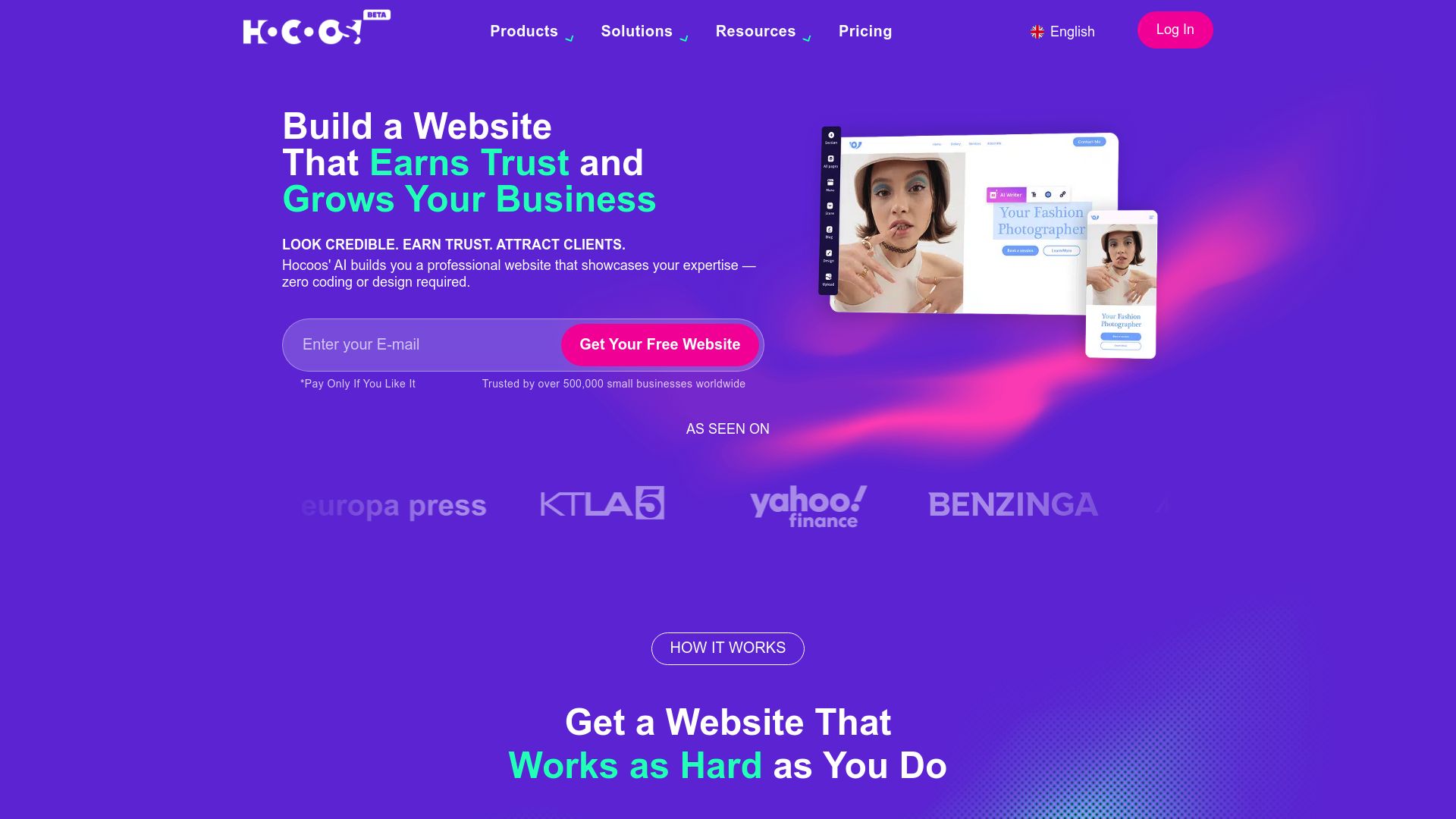 A screenshot of Hocoos AI website builder's homepage, showing off what they're all about.