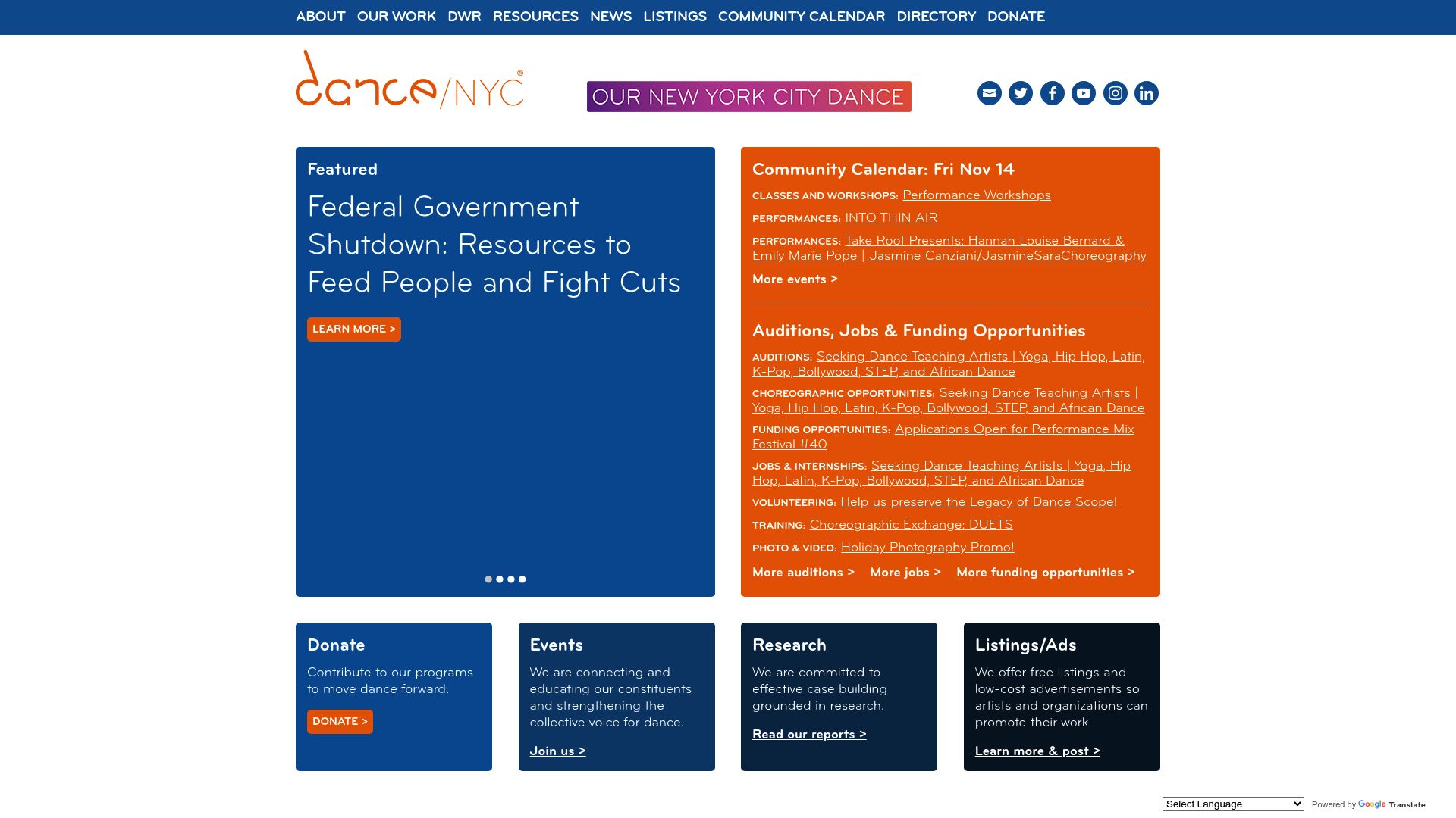 A peek at the Dance/NYC website homepage, you can see their main menu and branding, with a clear headline about supporting the dance community.