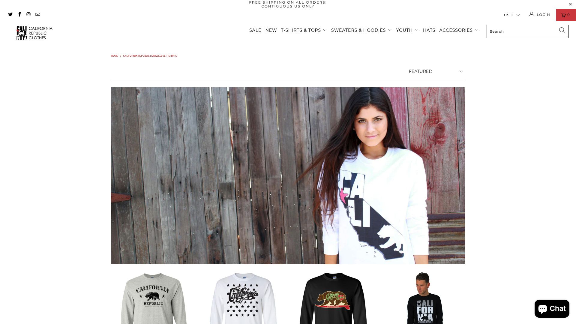 Capture d'écran de la page d'accueil de California Republic Clothes, montrant leur collection de t-shirts à manches longues graphiques.