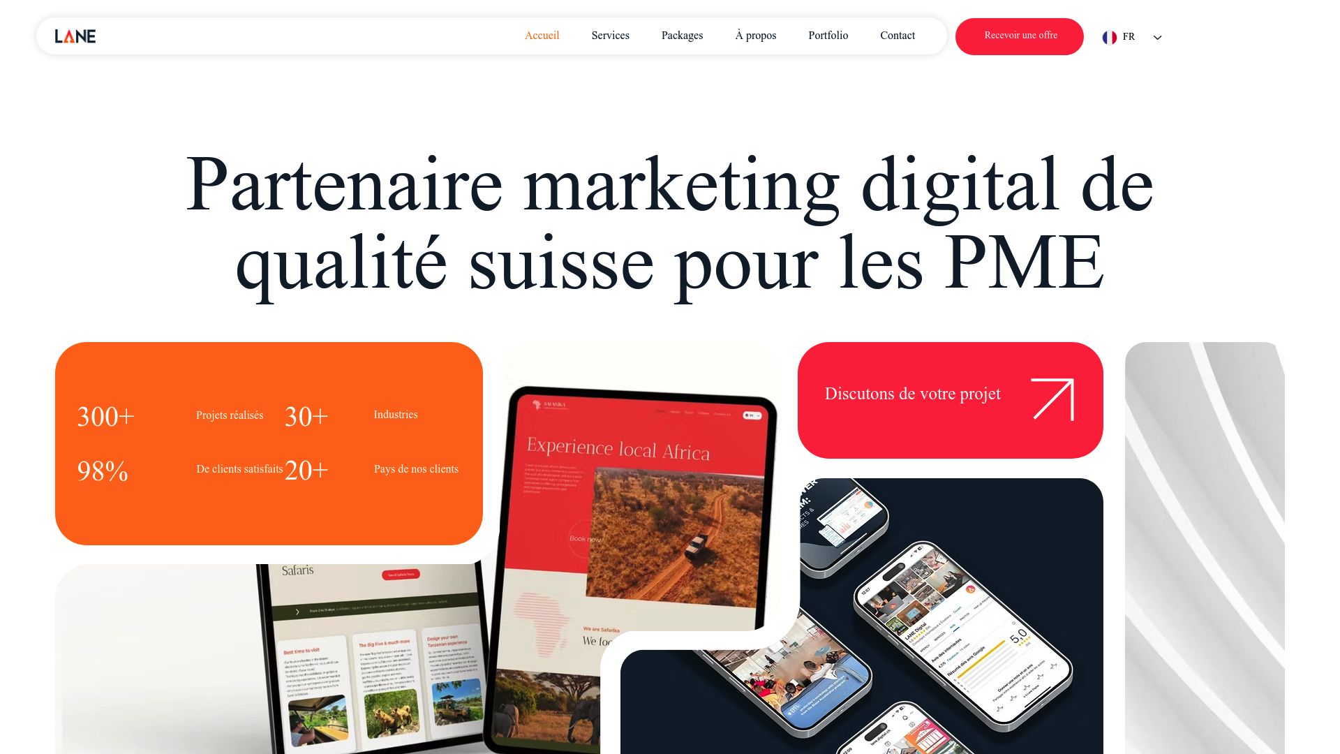 Un aperçu du site web de LANE Digital, qui illustre leur identité visuelle et leur message central.