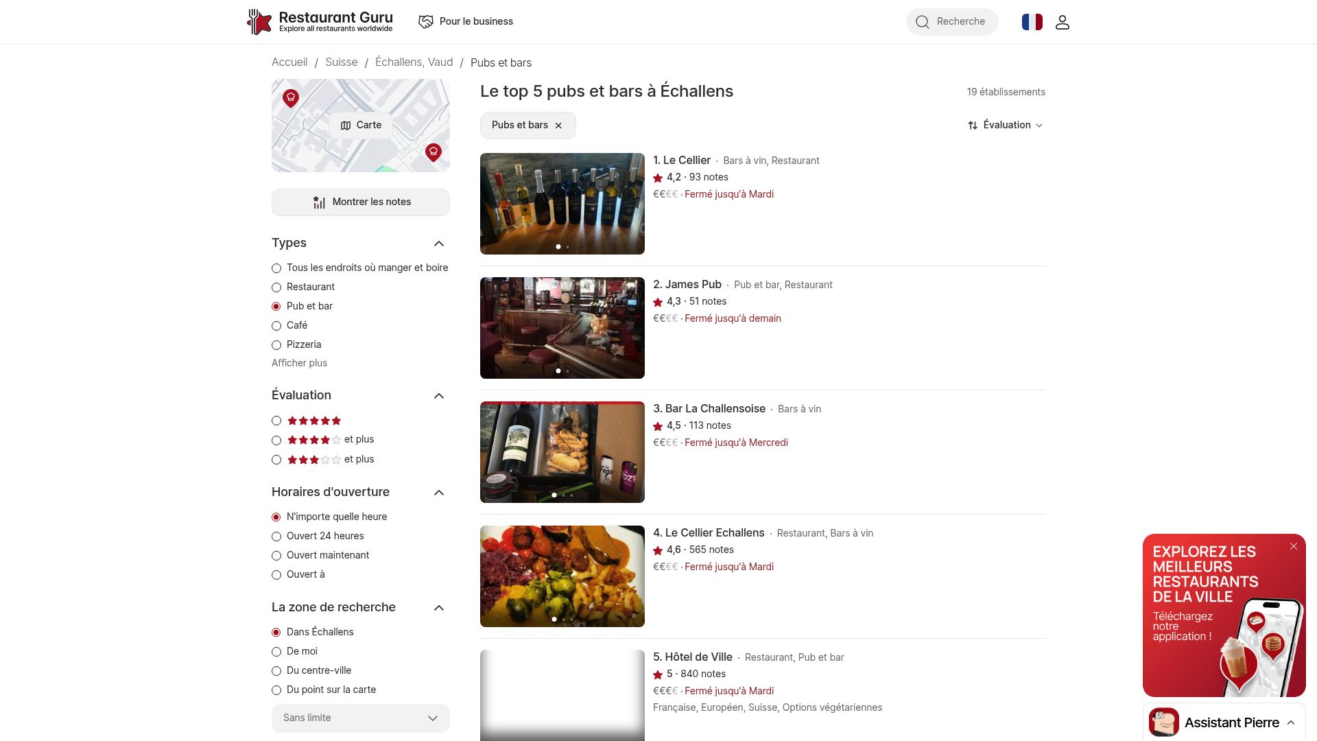 Une capture d'écran de Restaurant Guru qui liste les pubs et bars d'Echallens, avec leurs notes et quelques photos.