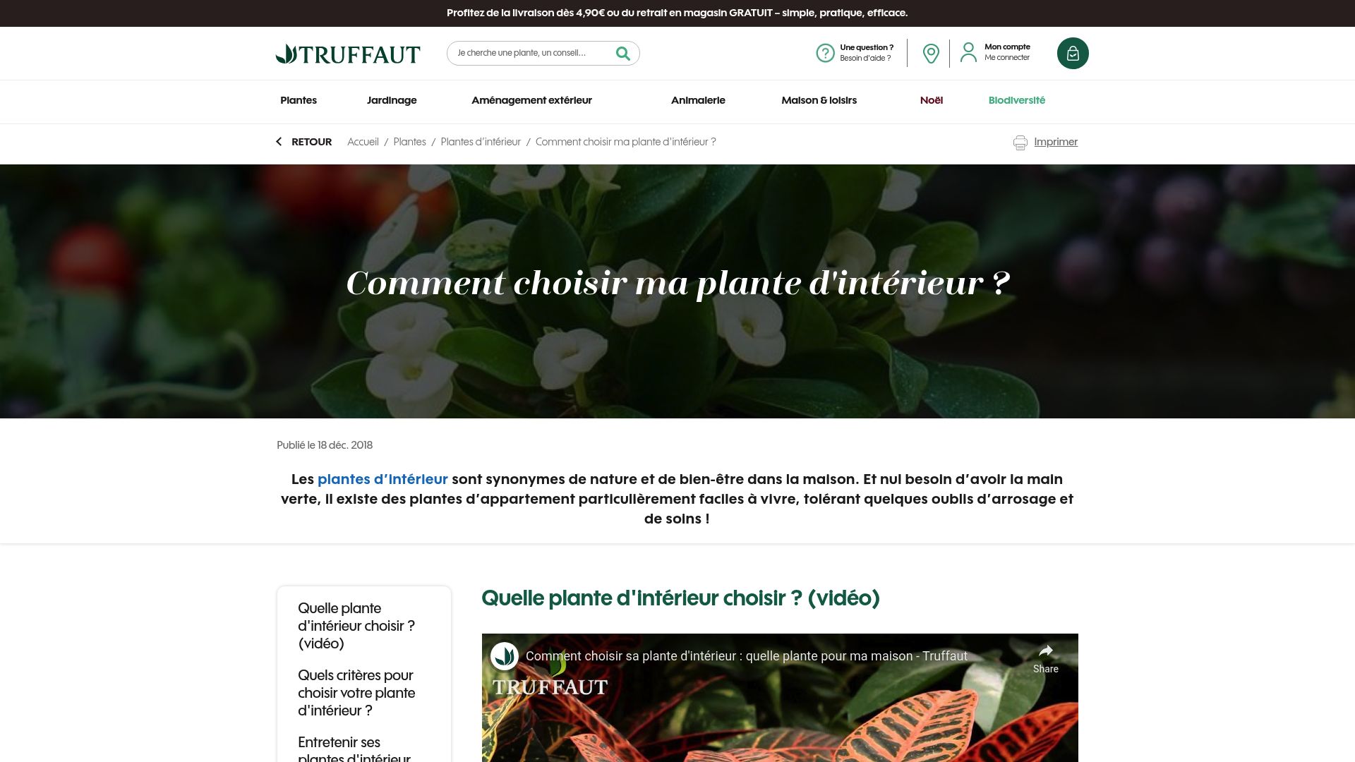 Capture d'écran de l'en-tête du site Truffaut, montrant leur expertise en matière de jardinage et de choix de plantes.