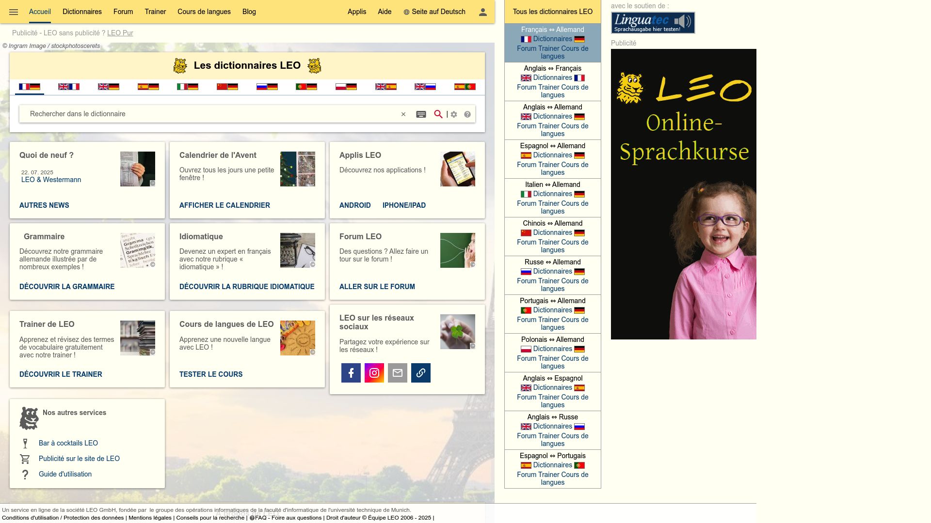 Capture d'écran du site LEO.org montrant une recherche de mot avec ses traductions et plusieurs phrases d'exemple en contexte.