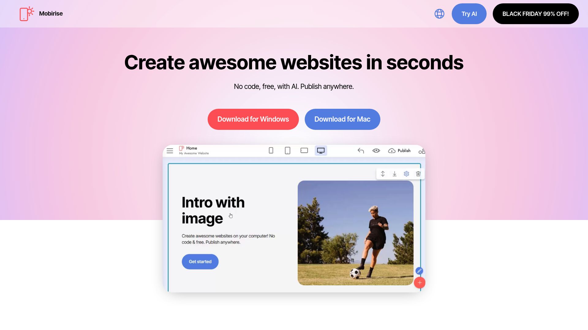 A screenshot of Mobirise's AI website builder, showing the simple box where you type in what you want your website to be about.