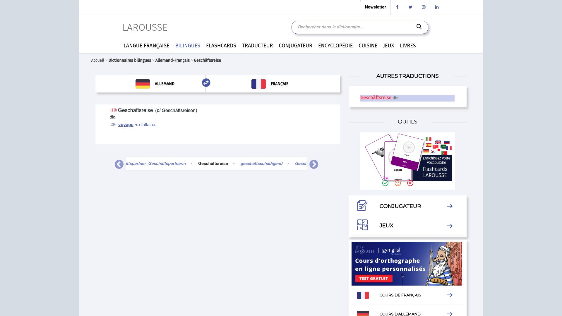 Une capture d'écran du site Larousse qui montre le résultat pour le mot Geschäftsreise.