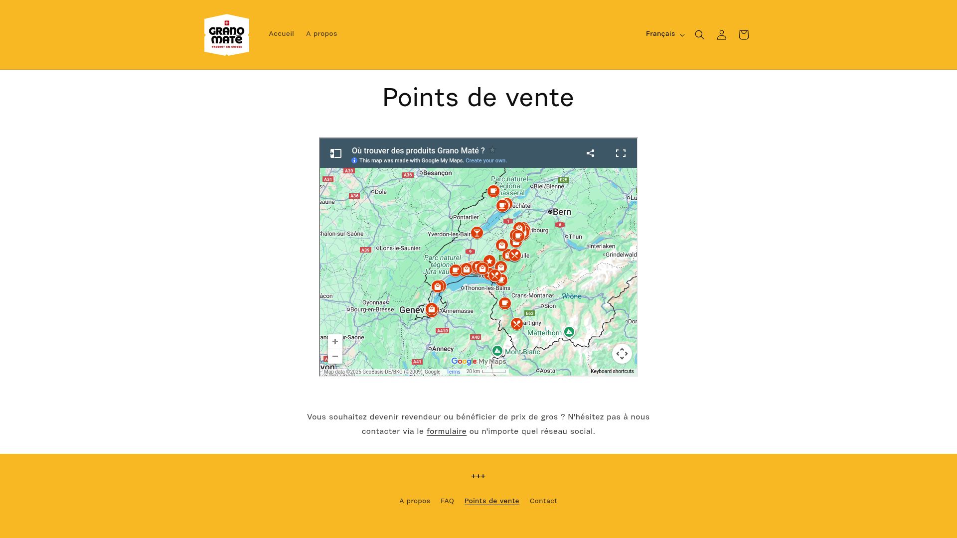Capture d'écran de la carte interactive sur le site de Grano Maté, montrant des points de localisation en Suisse romande.