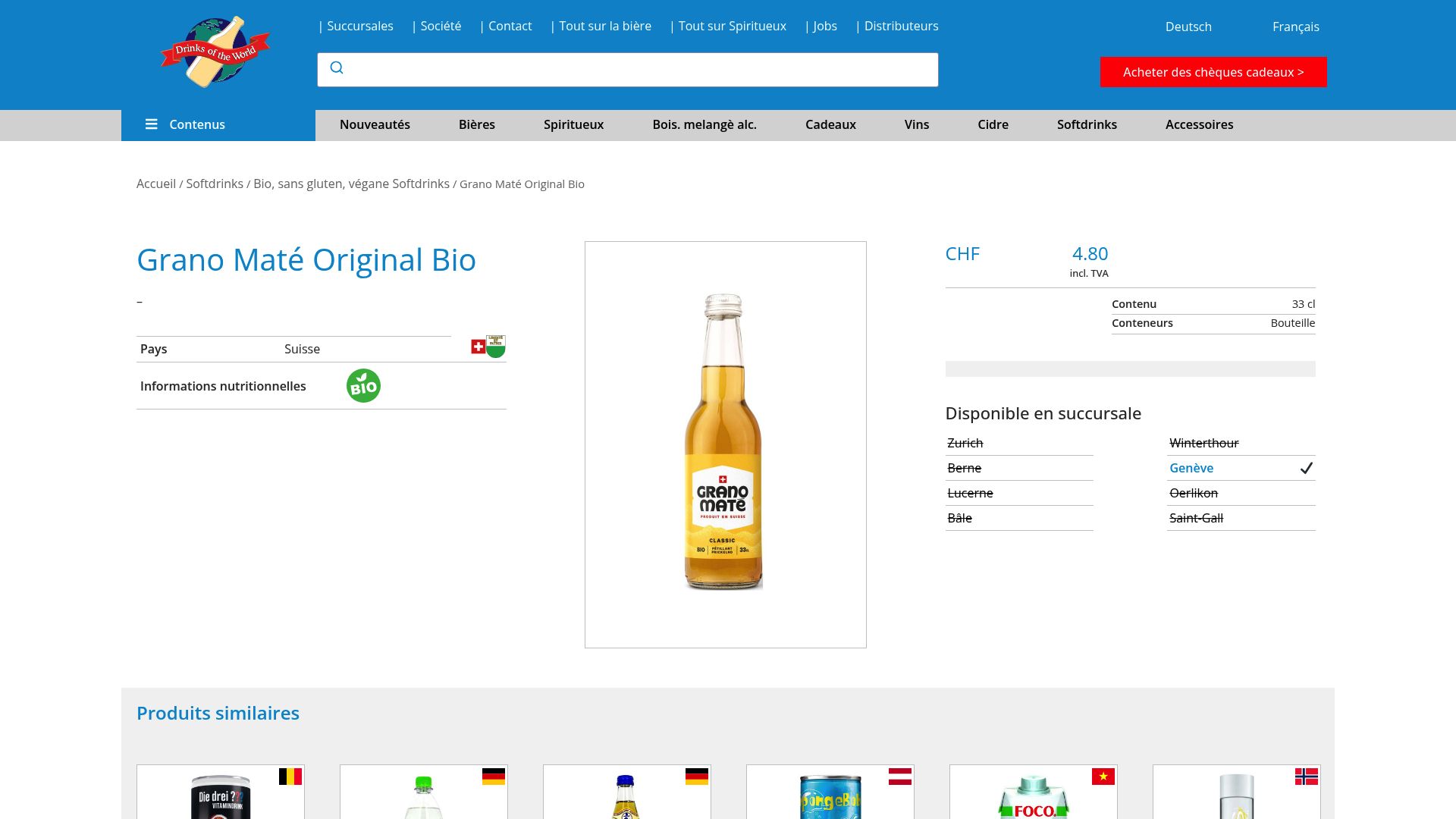 Capture d'écran de la page produit de Grano Maté sur le site Beerworld.ch.