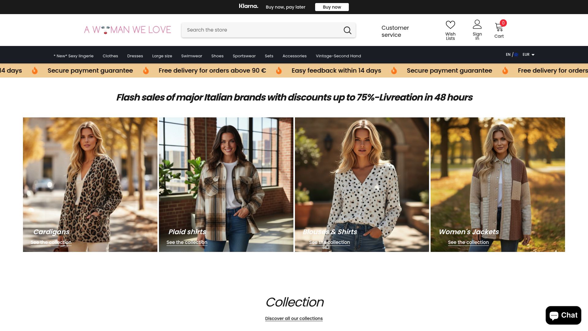 Page d'accueil du site web a-woman-we-love.com, montrant une sélection de robes d'été et de hauts fluides.