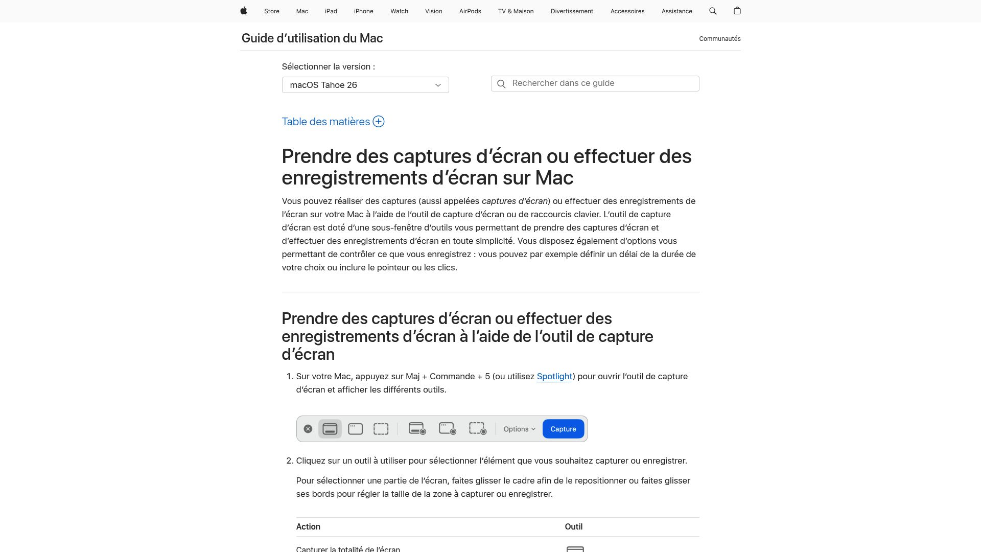 Interface de l'Outil Capture d'écran de Windows qui apparaît après avoir utilisé le raccourci Windows + Shift + S, montrant les options de sélection.