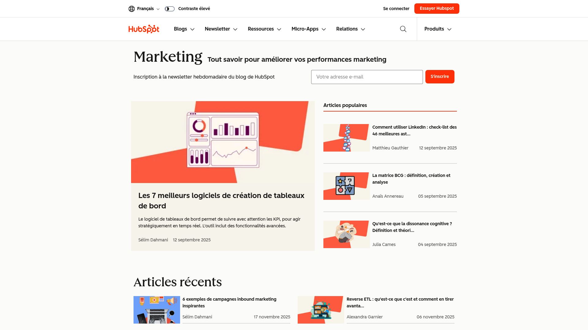 Screenshot de la page d'accueil du blog de HubSpot, montrant des titres d'articles axés sur les problèmes des marketeurs.