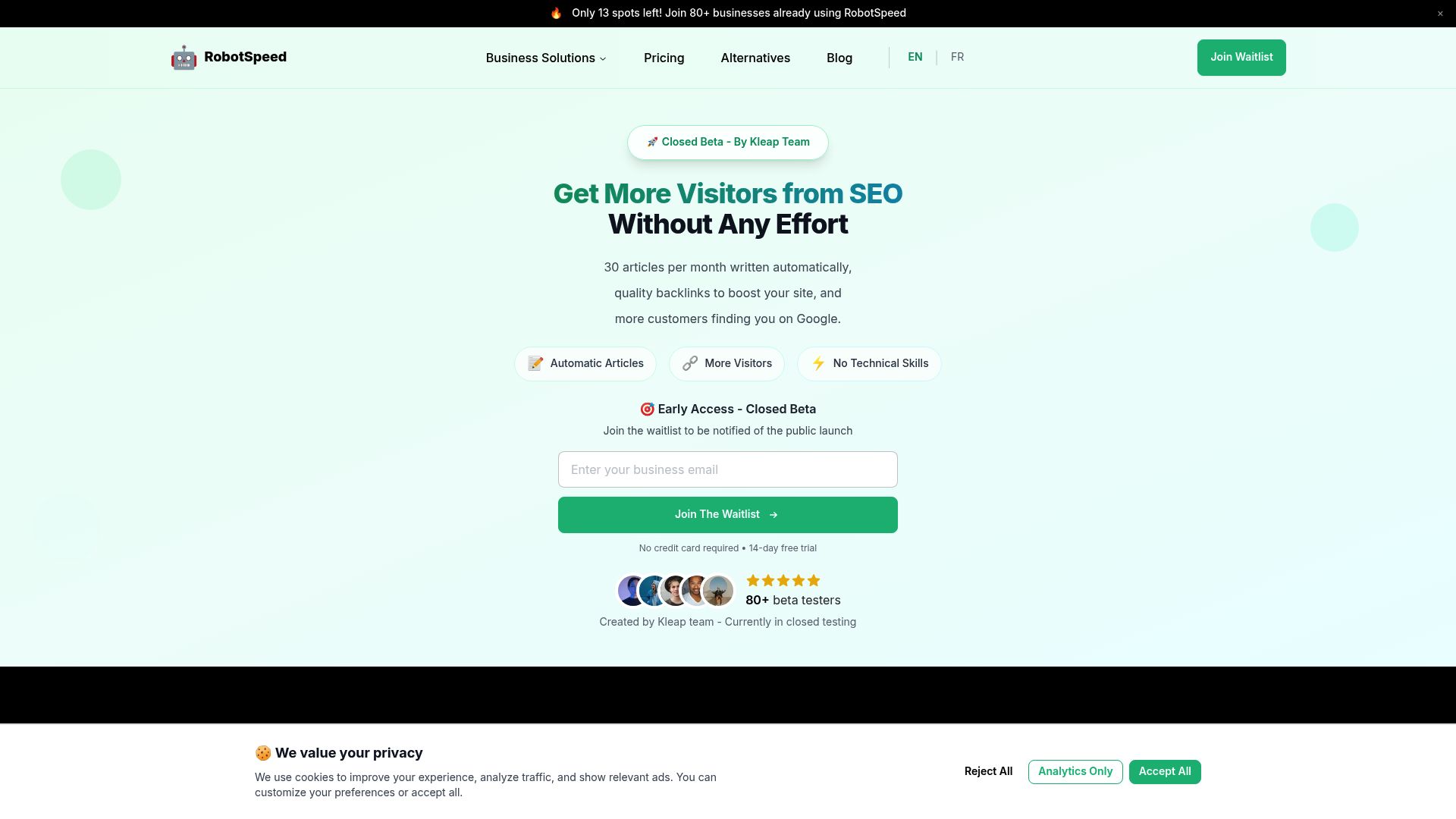 A screenshot of the RobotSpeed dashboard showing the content calendar, article status, and backlink metrics. The URL to screenshot is https://www.robot-speed.com