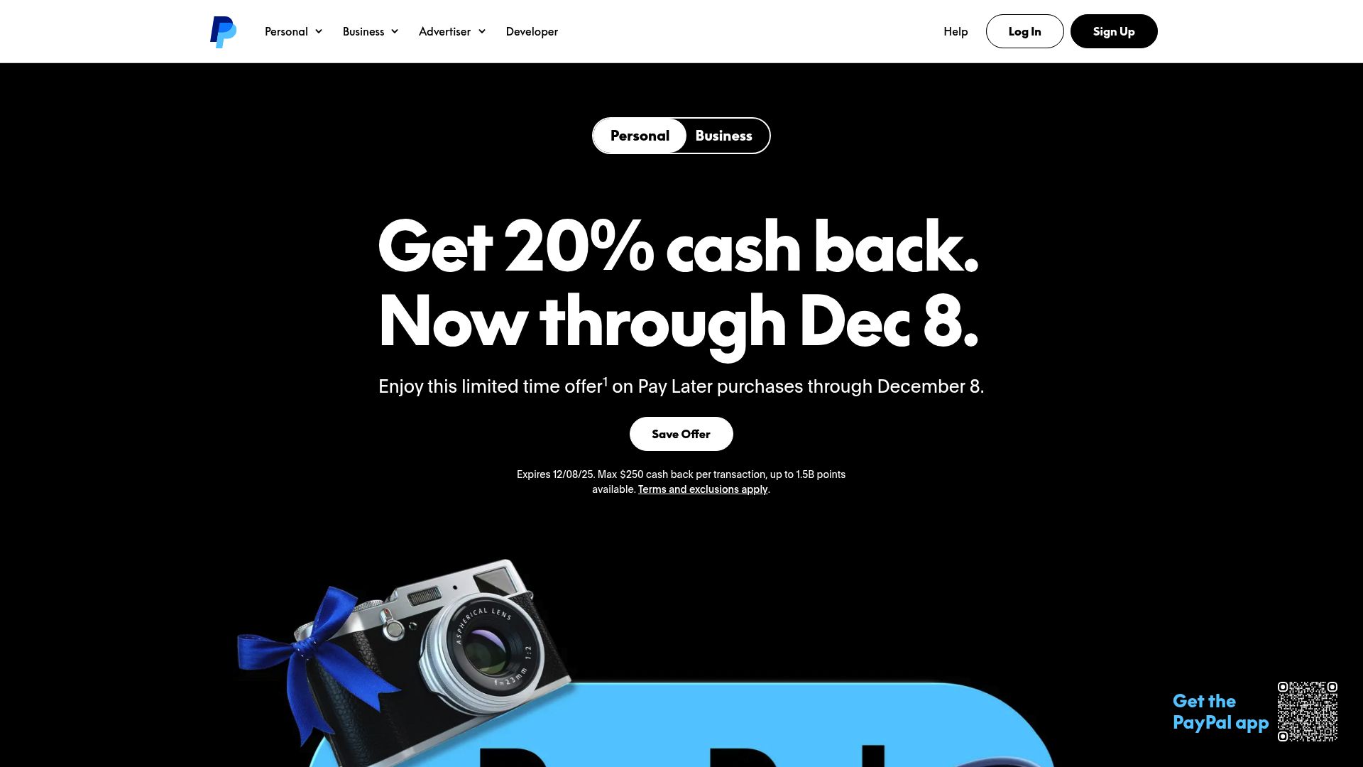 A screenshot of the recognizable PayPal homepage, with the login and sign-up section clearly visible to highlight its familiar look.