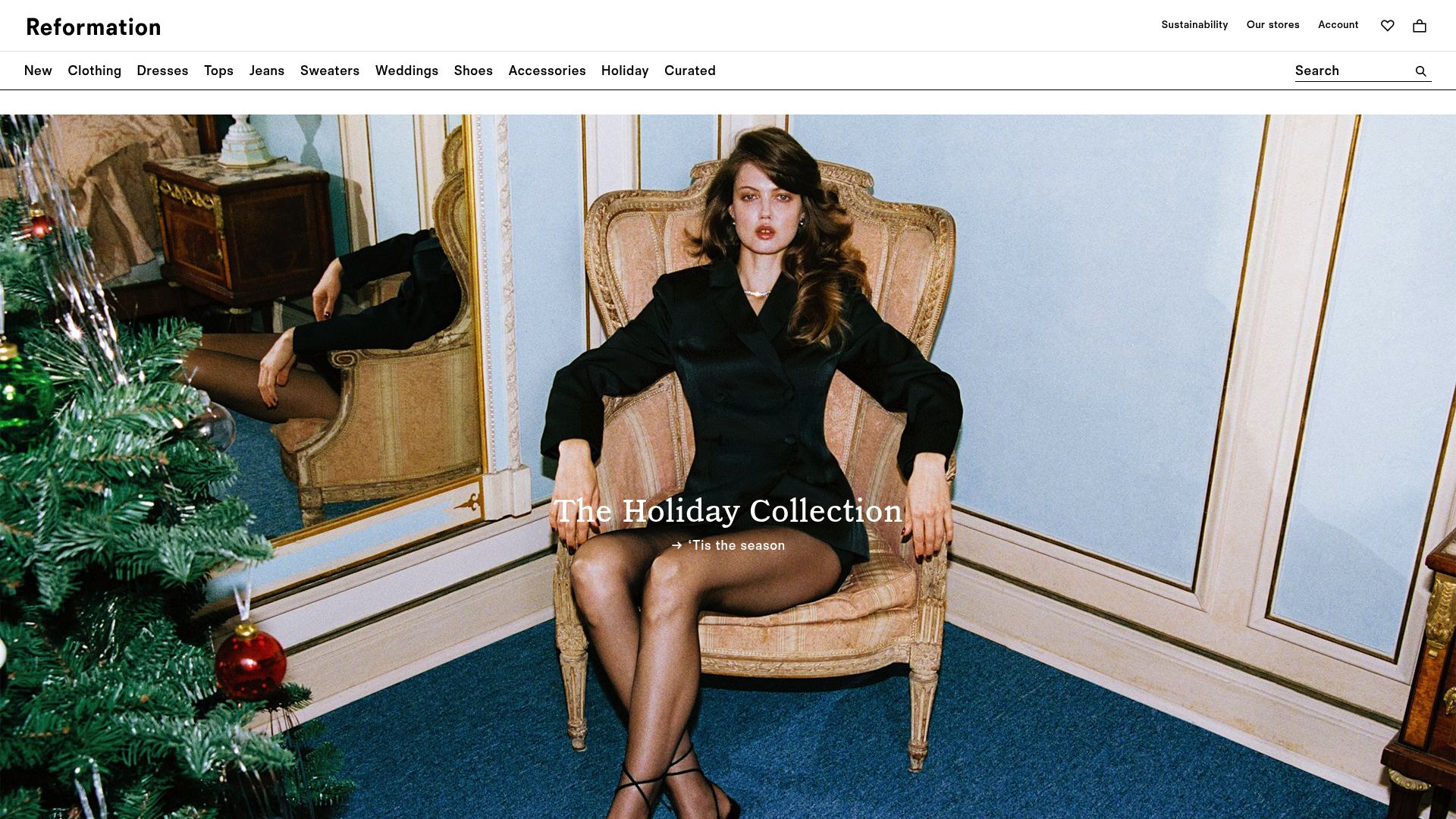 Capture d'écran de la page d'accueil du site web de Reformation, montrant leur esthétique épurée et leur mise en avant de la mode féminine durable.