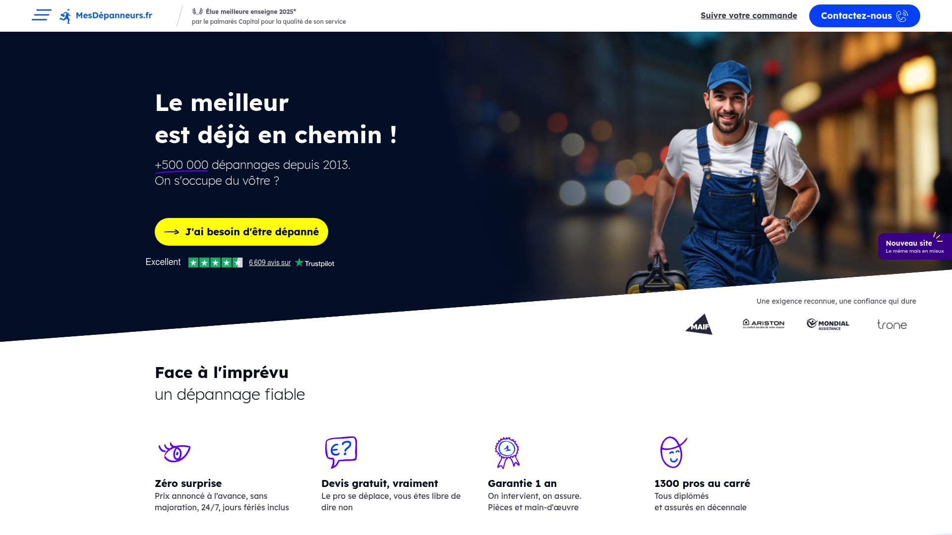 Site internet de la société MesDépanneurs.fr, illustrant la promesse d