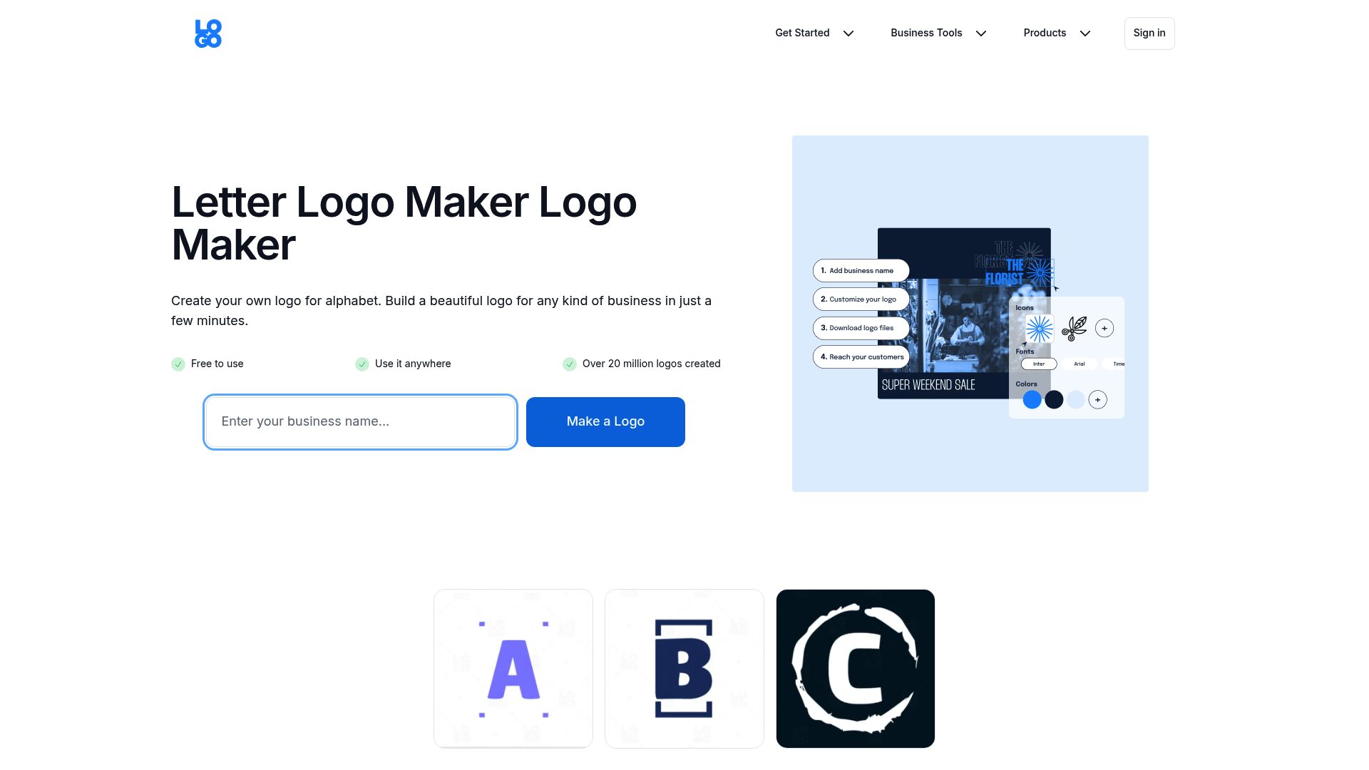 The interface of LOGO.com, a popular letter logo generator.