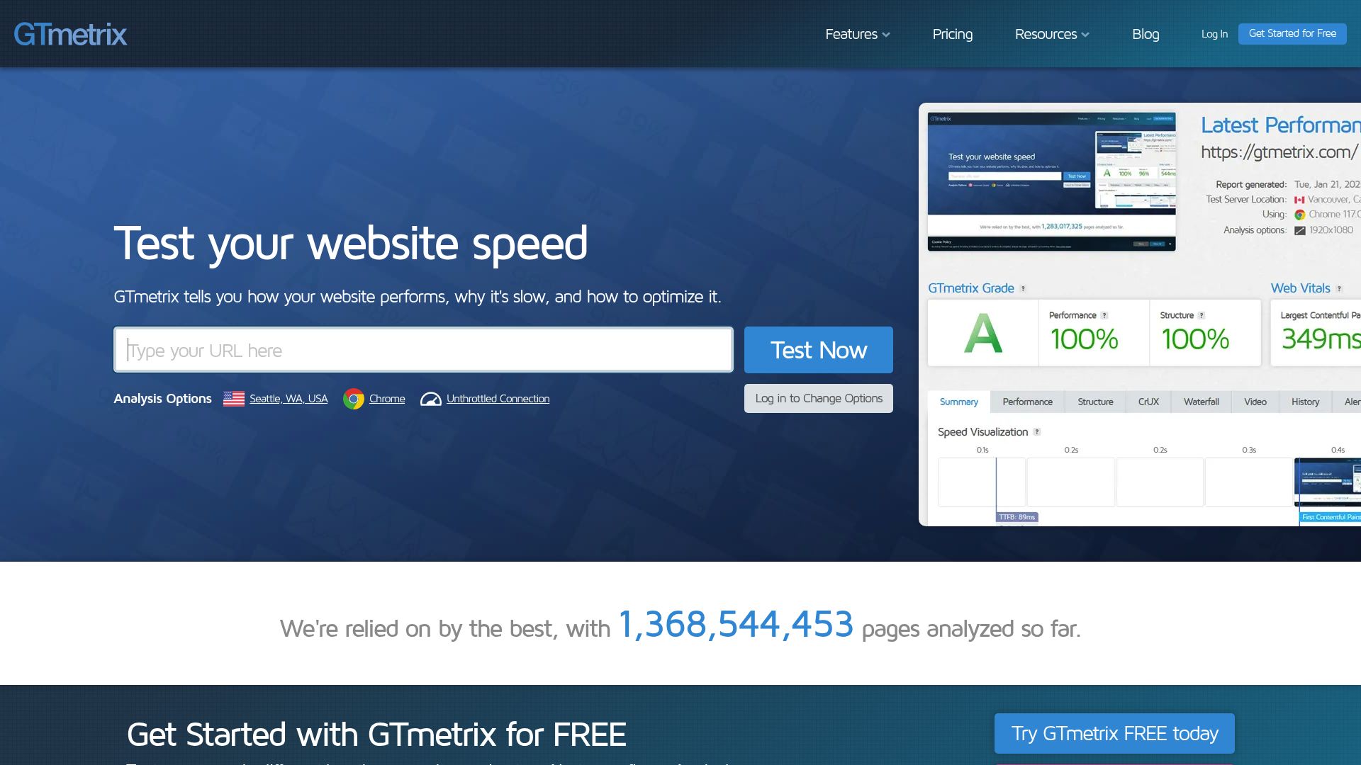 Screenshot of GTmetrix performance report dashboard