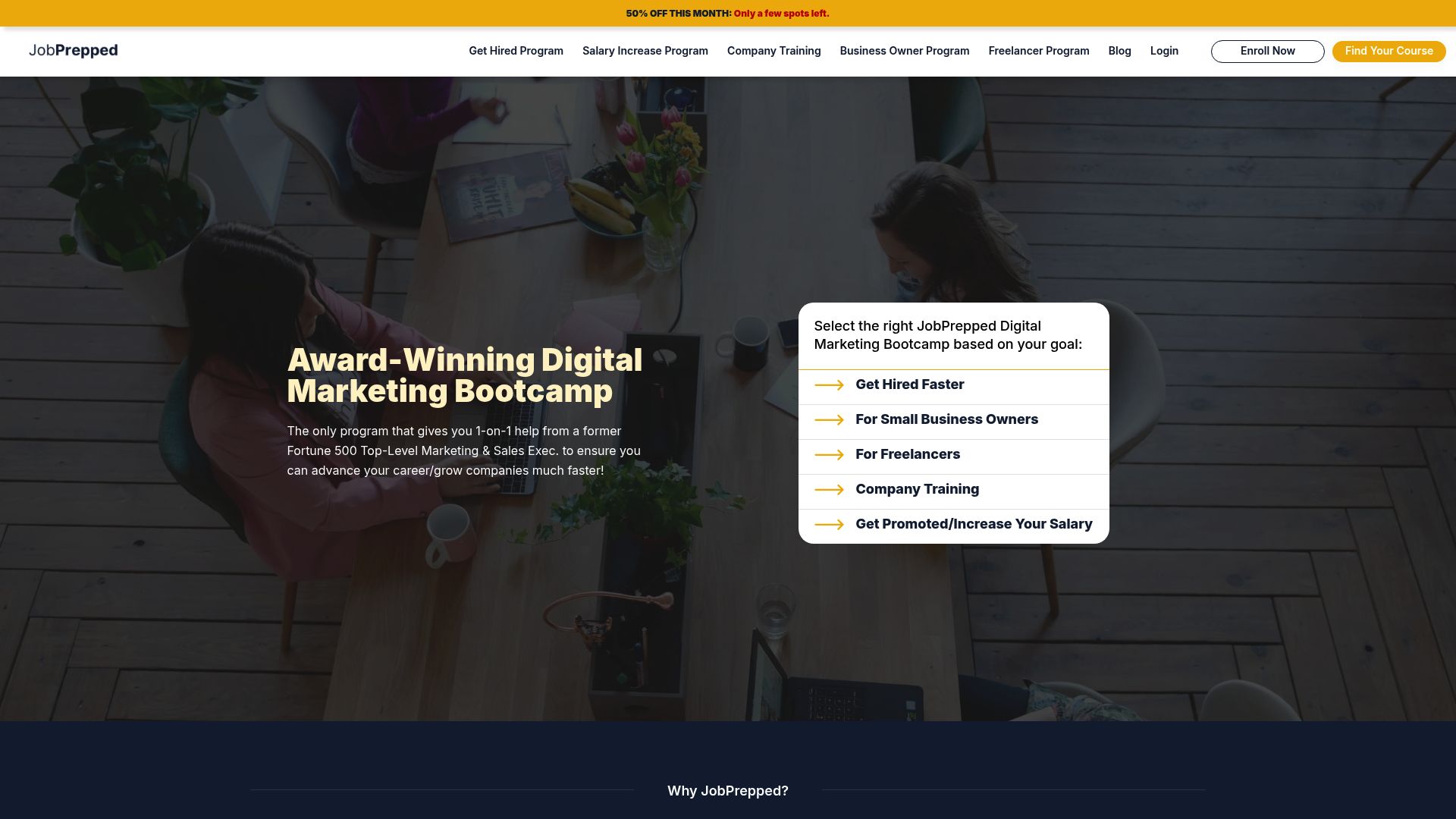 JobPrepped homepage highlighting their get hired program and mentorship