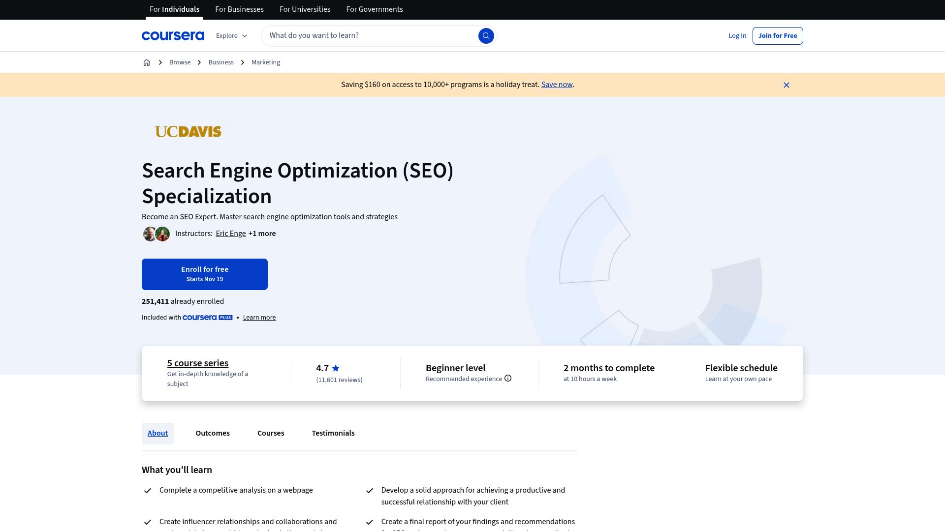 University of California Davis SEO Specialization page on Coursera
