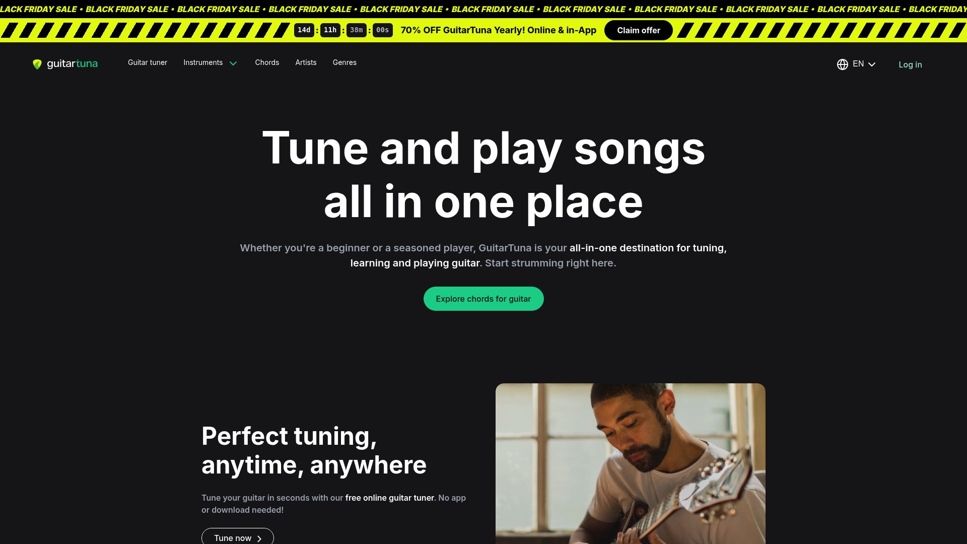 Screenshot of GuitarTuna app interface showing the green visual feedback for perfect tuning